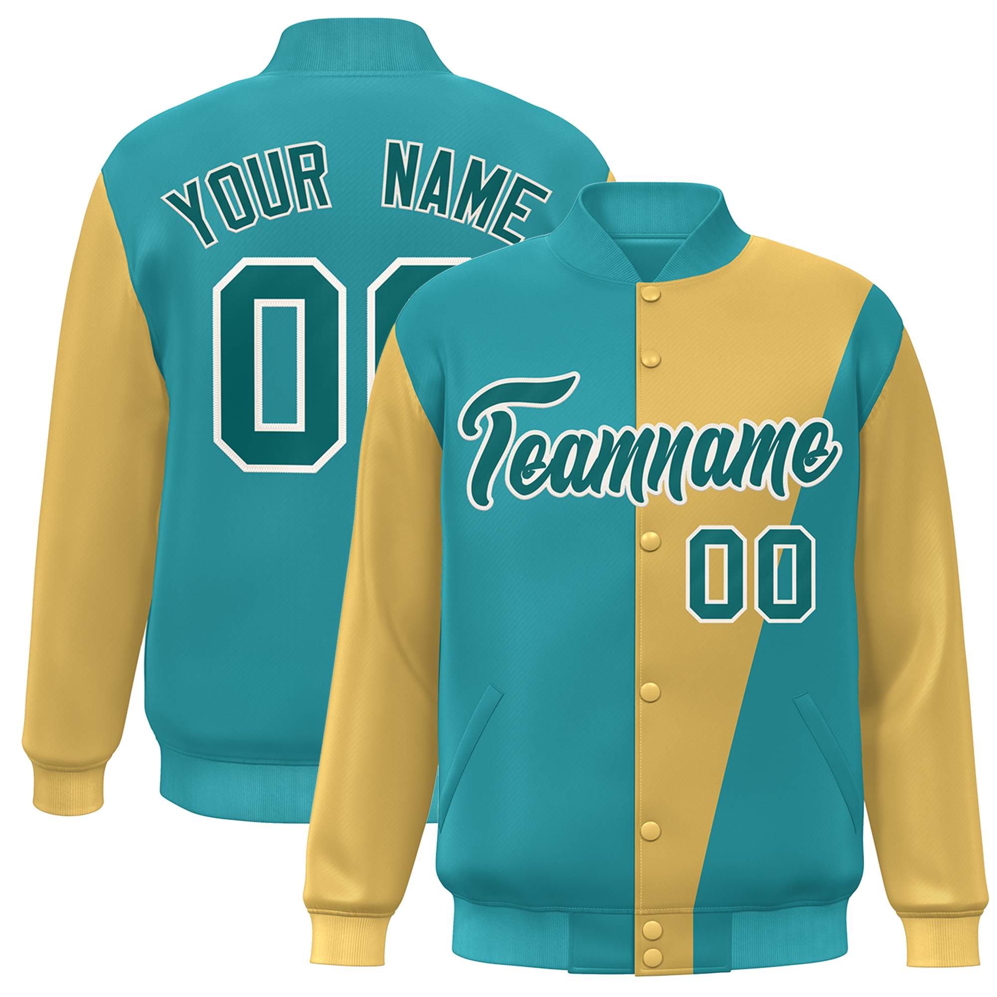 Custom Aqua Gold Color Block Varsity Full-Snap Bomber Jacket