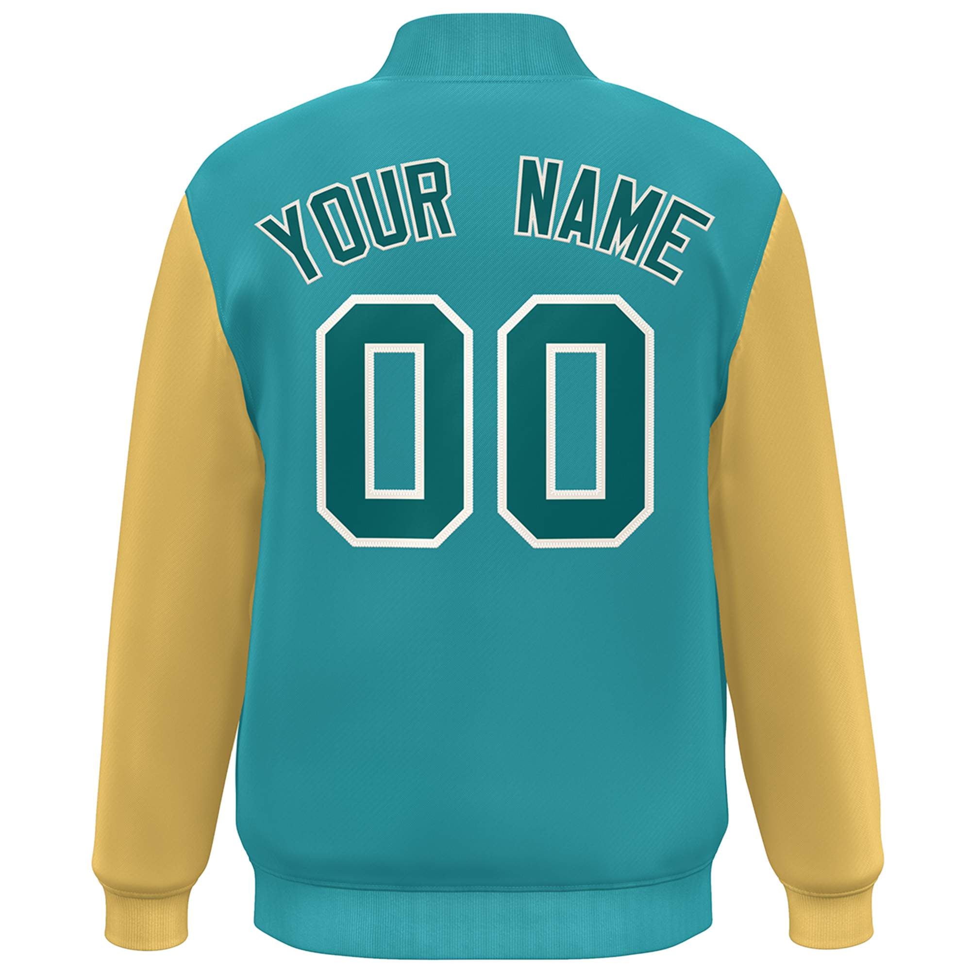 Custom Aqua Gold Color Block Varsity Full-Snap Bomber Jacket