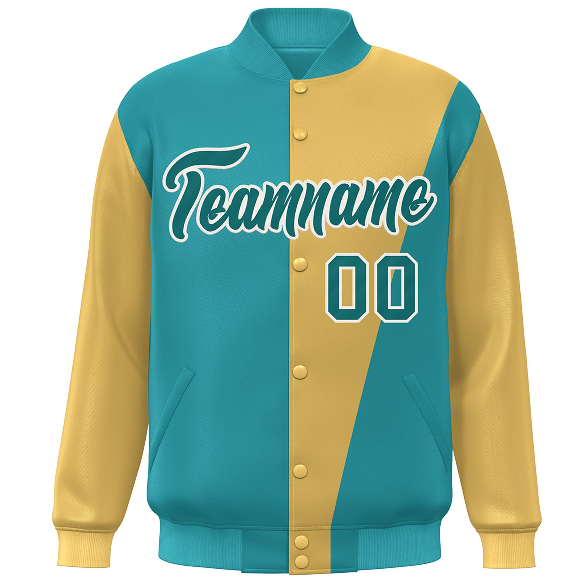 Custom Aqua Gold Color Block Varsity Full-Snap Bomber Jacket