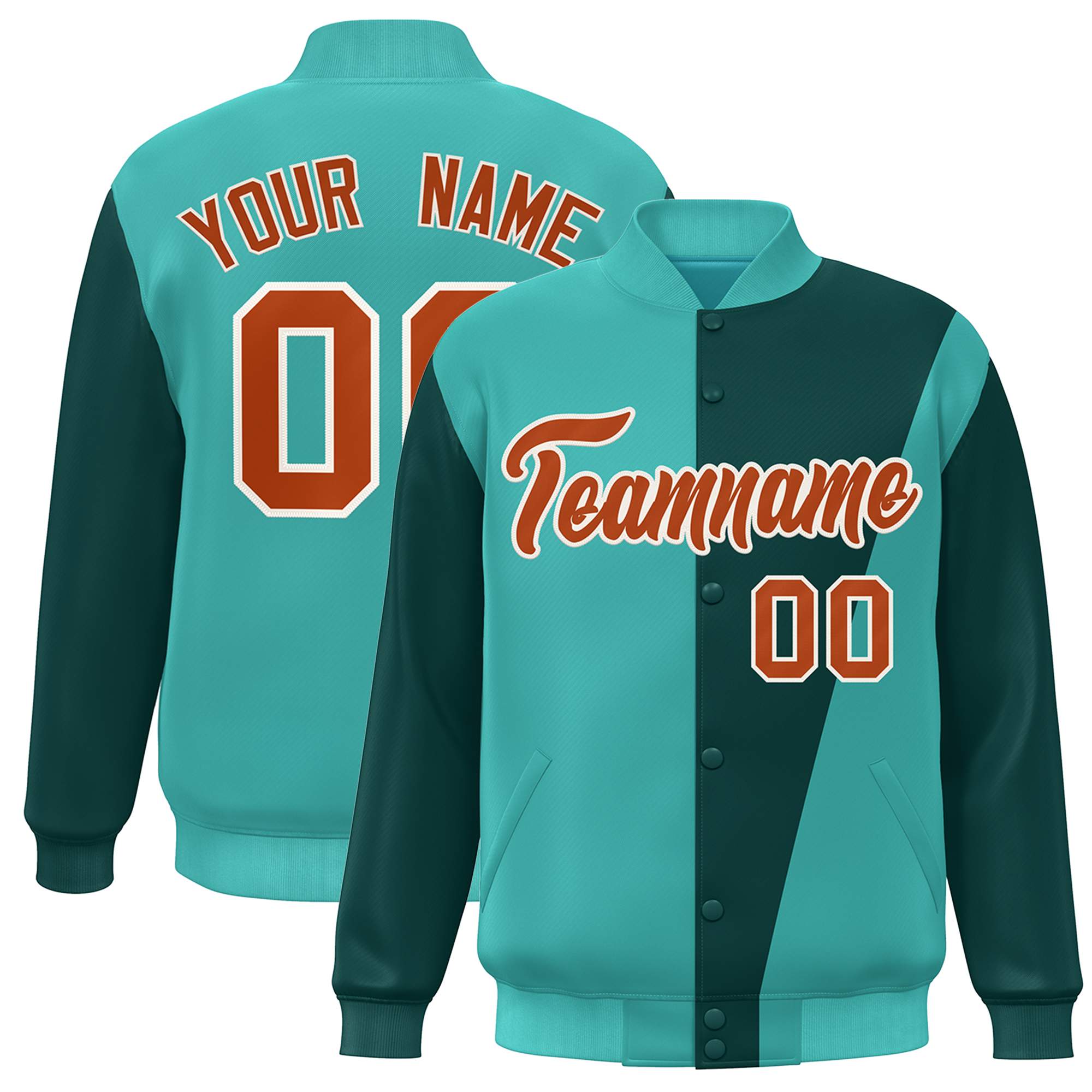 Custom Aqua Midnight Green-Orange Color Block Varsity Full-Snap Bomber Jacket