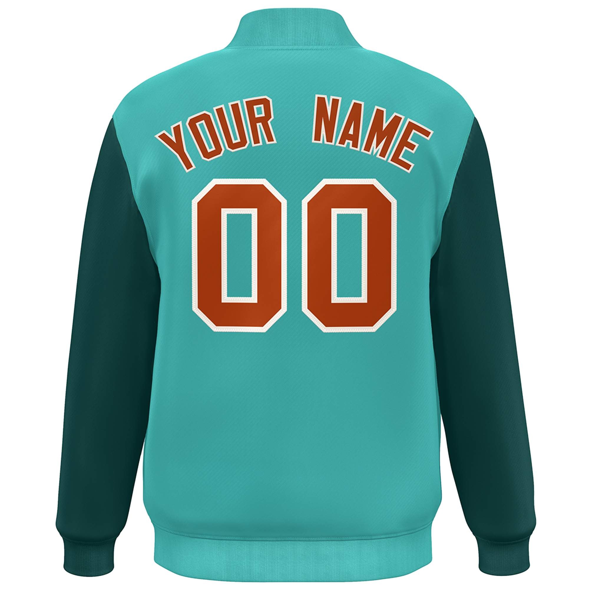 Custom Aqua Midnight Green-Orange Color Block Varsity Full-Snap Bomber Jacket