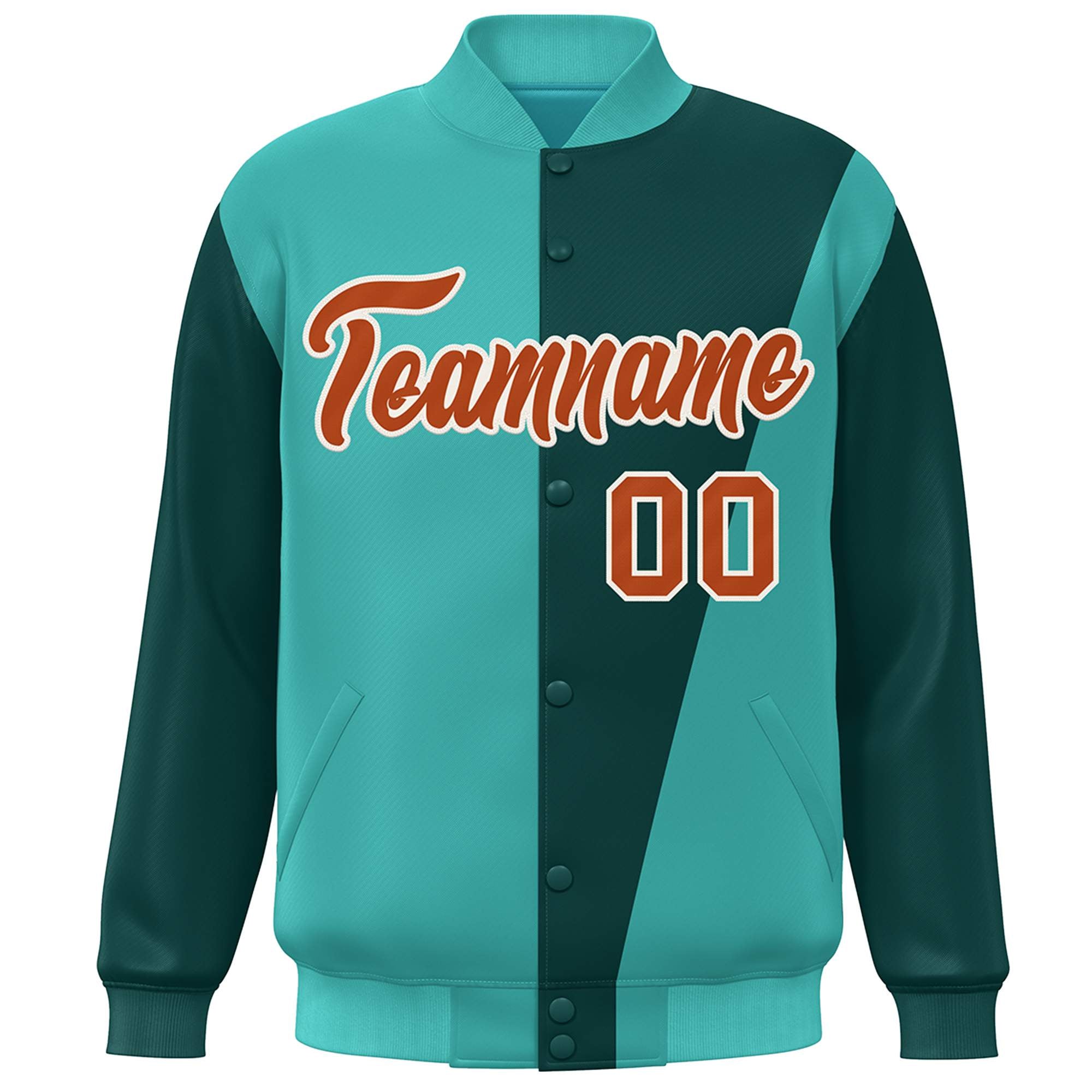 Custom Aqua Midnight Green-Orange Color Block Varsity Full-Snap Bomber Jacket