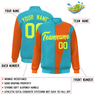 Custom Aqua Orange-Neon Green Color Block Varsity Full-Snap Bomber Jacket