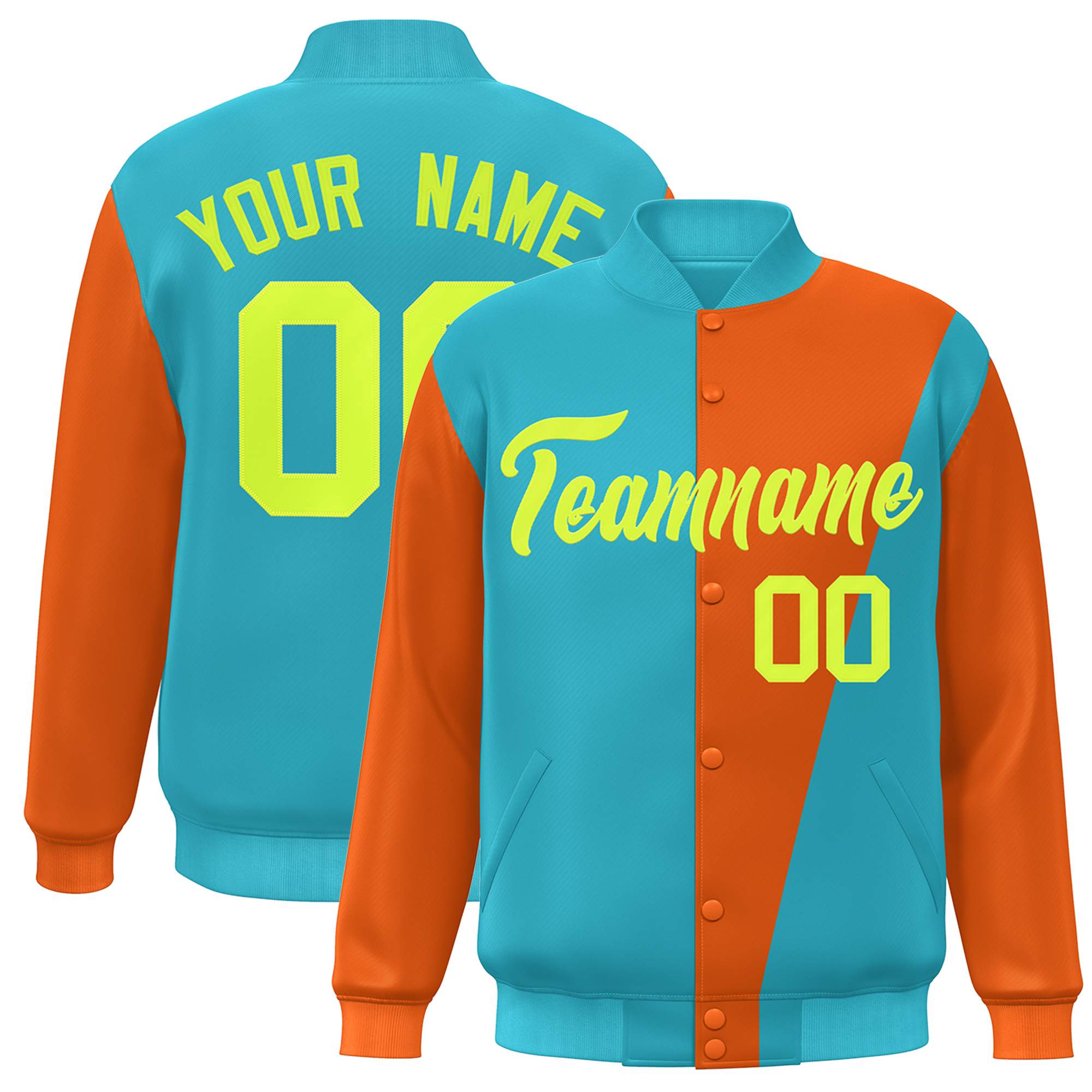 Custom Aqua Orange-Neon Green Color Block Varsity Full-Snap Bomber Jacket