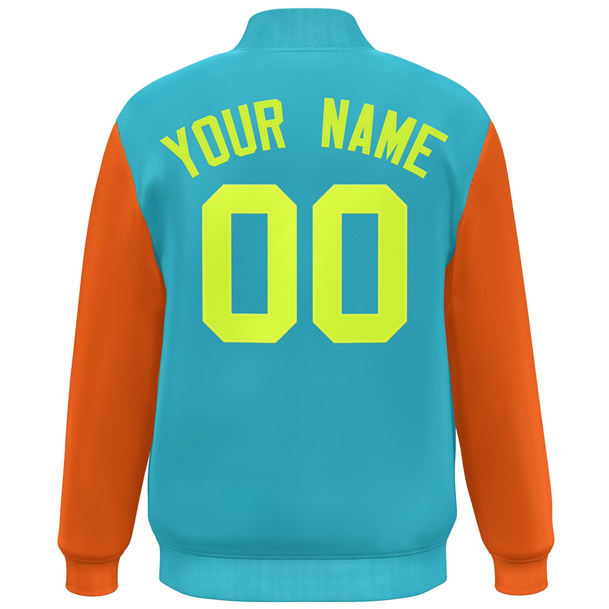 Custom Aqua Orange-Neon Green Color Block Varsity Full-Snap Bomber Jacket