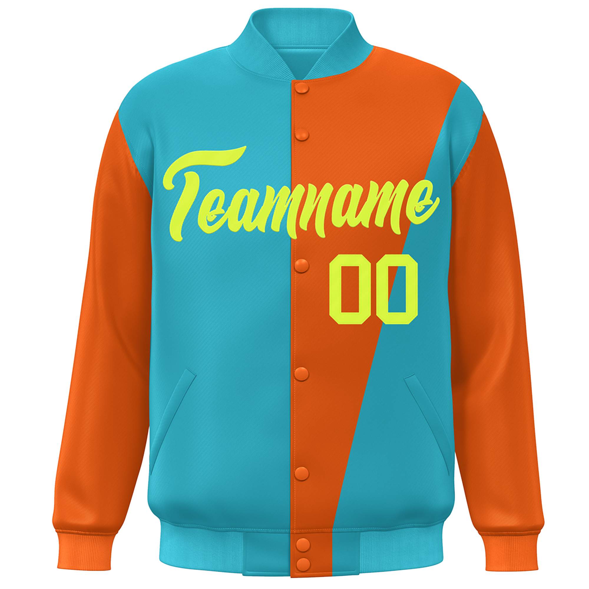 Custom Aqua Orange-Neon Green Color Block Varsity Full-Snap Bomber Jacket