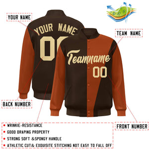 Custom Brown Orange-Khaki Color Block Varsity Full-Snap Bomber Jacket