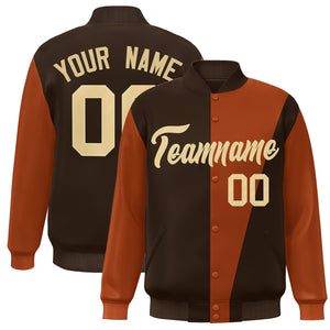 Custom Brown Orange-Khaki Color Block Varsity Full-Snap Bomber Jacket