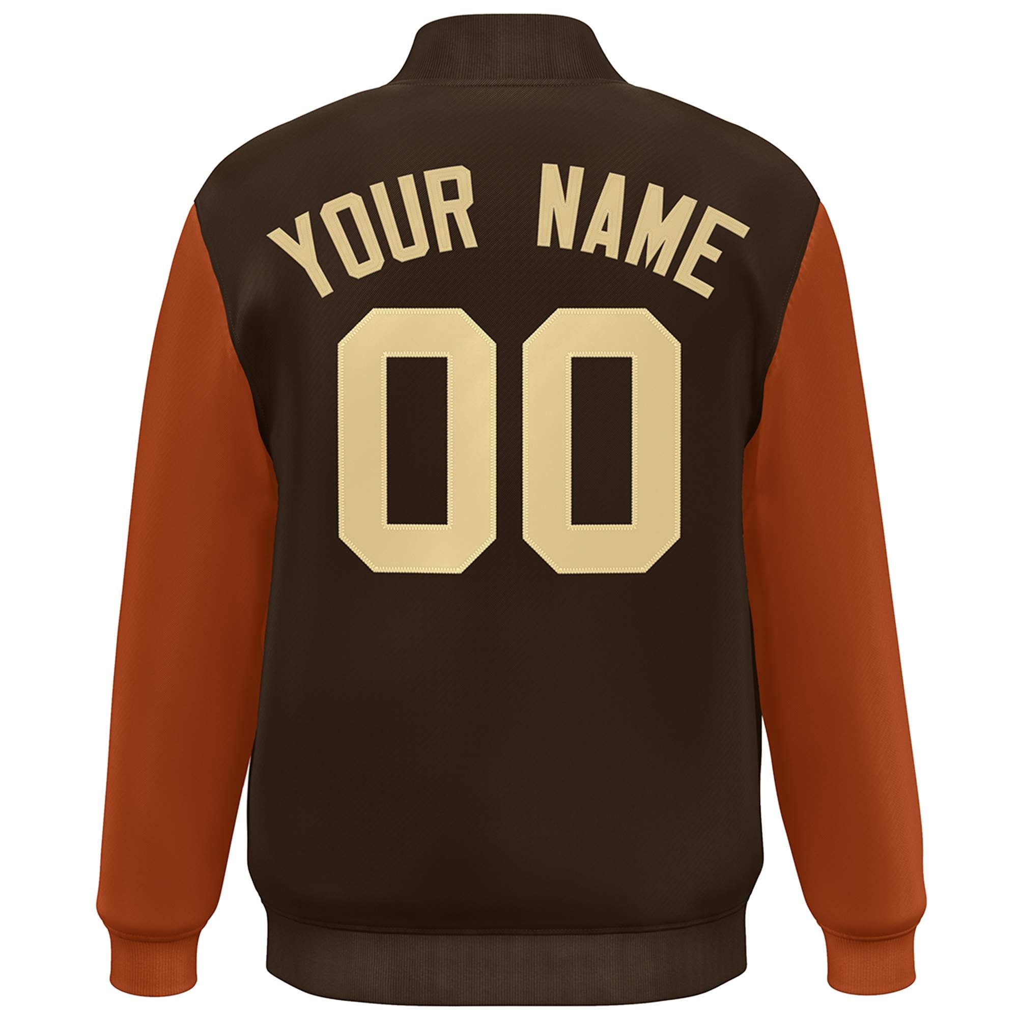 Custom Brown Orange-Khaki Color Block Varsity Full-Snap Bomber Jacket