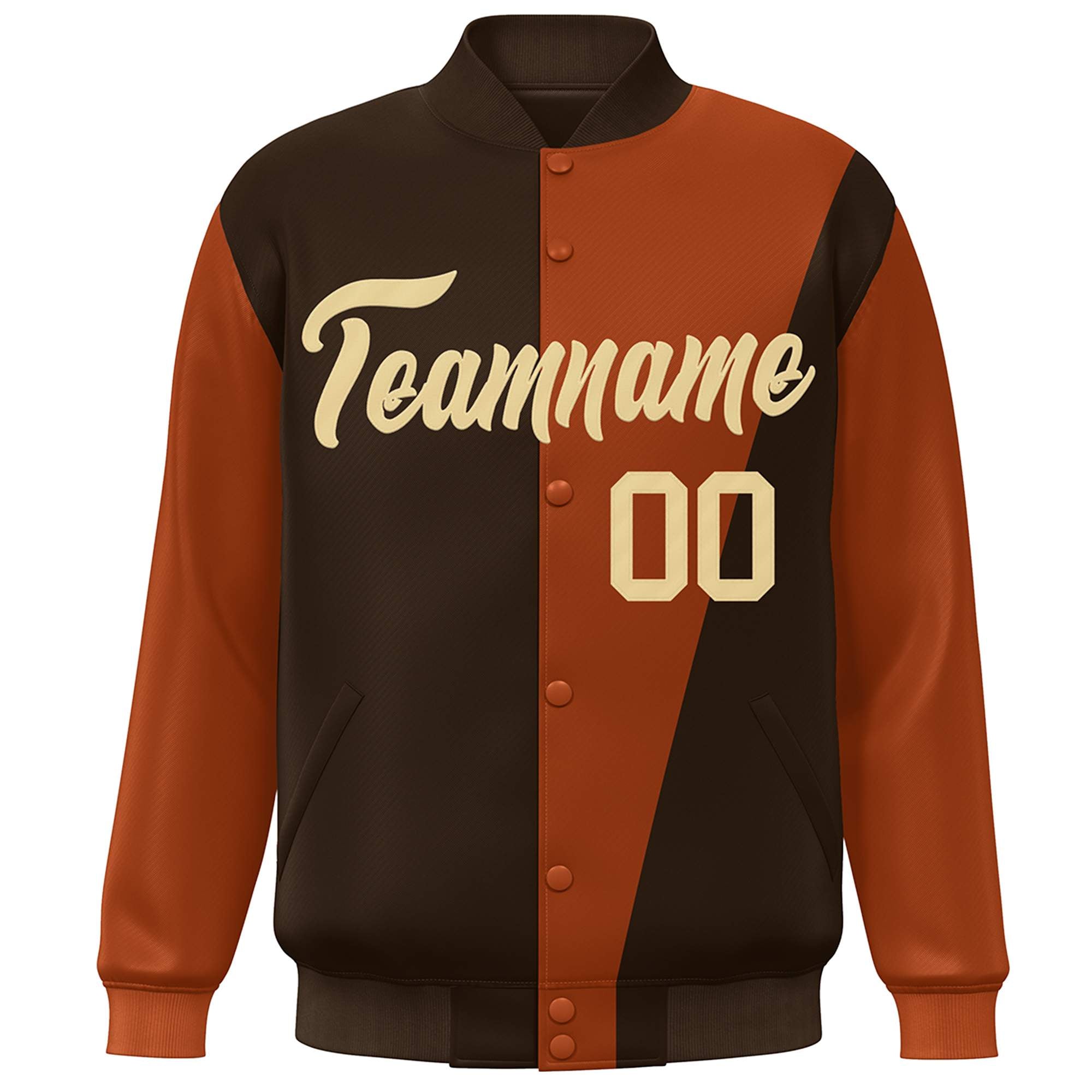 Custom Brown Orange-Khaki Color Block Varsity Full-Snap Bomber Jacket