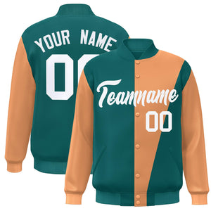 Custom Aqua Orange-White Color Block Varsity Full-Snap Bomber Jacket