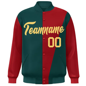 Custom Midnight Green Red-Khaki Color Block Varsity Full-Snap Bomber Jacket