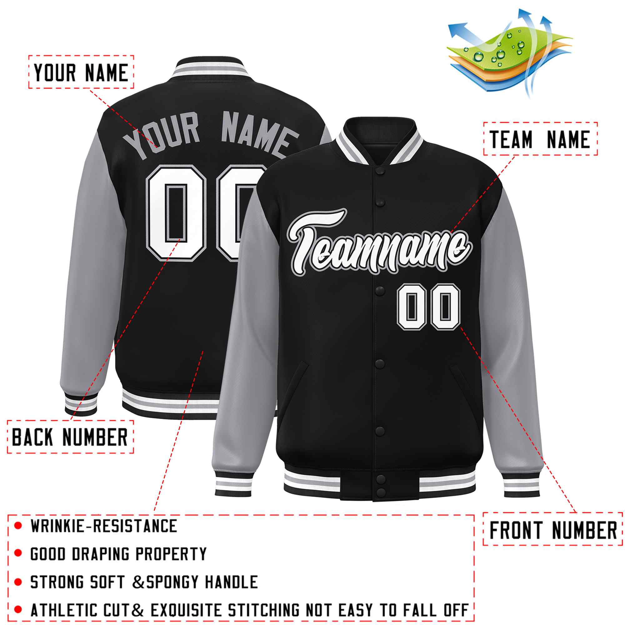 Veste Letterman Varsity Full-Snap à manches raglan personnalisées noir blanc-noir