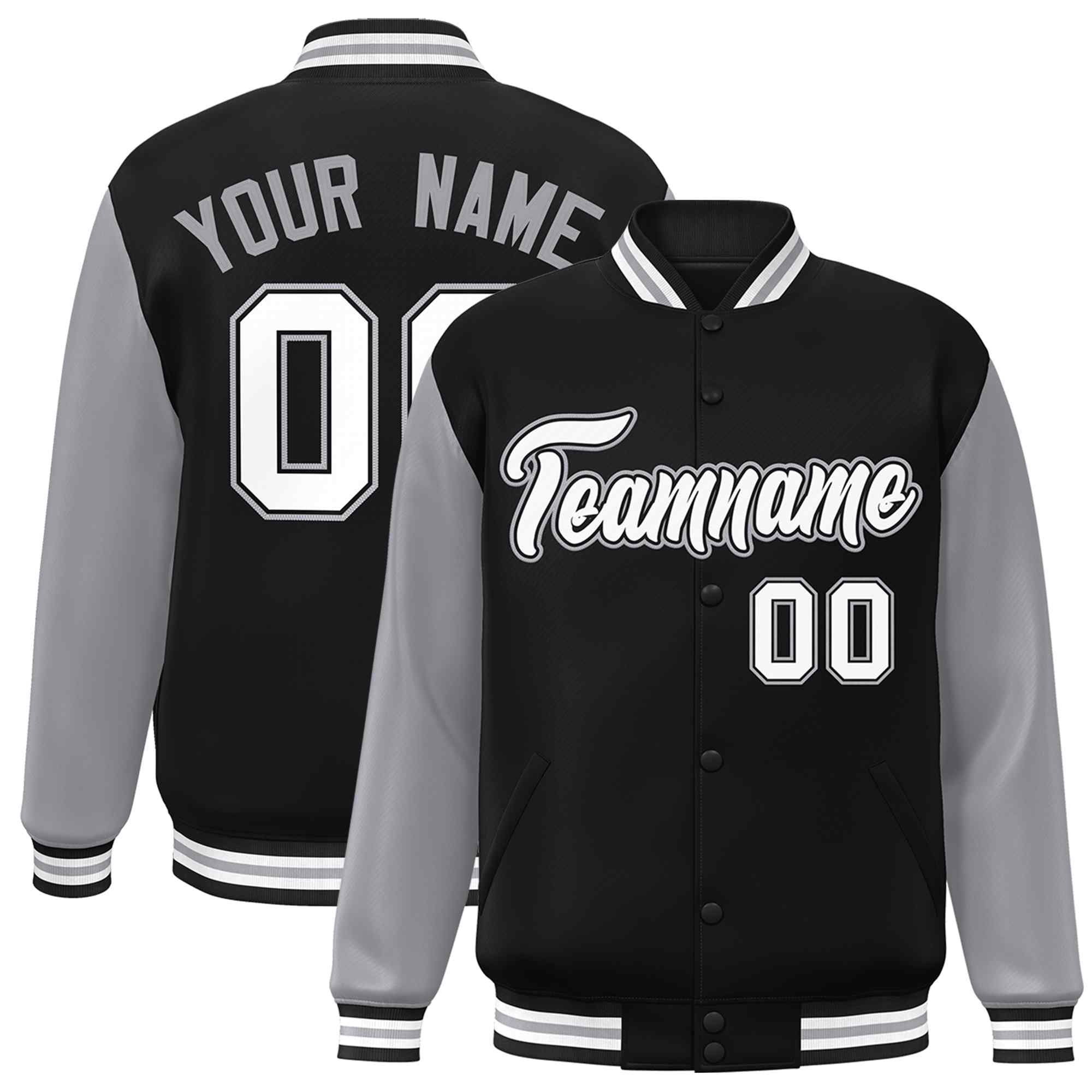 Veste Letterman Varsity Full-Snap à manches raglan personnalisées noir blanc-noir