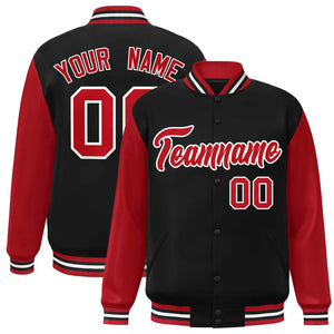 Veste Letterman Varsity Full-Snap à manches raglan personnalisées noir rouge-blanc