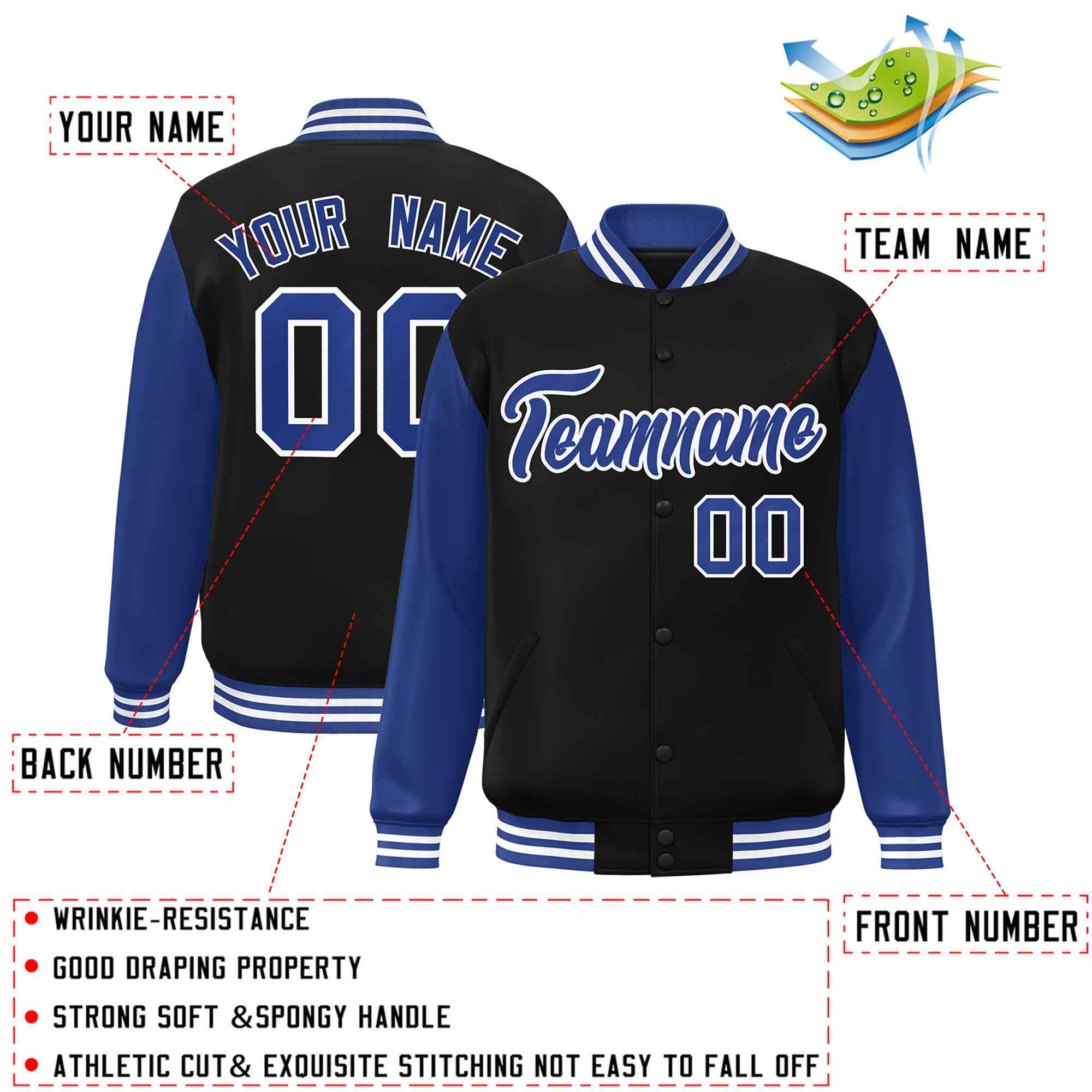 Veste Letterman Varsity Full-Snap à manches raglan noires et blanches personnalisées