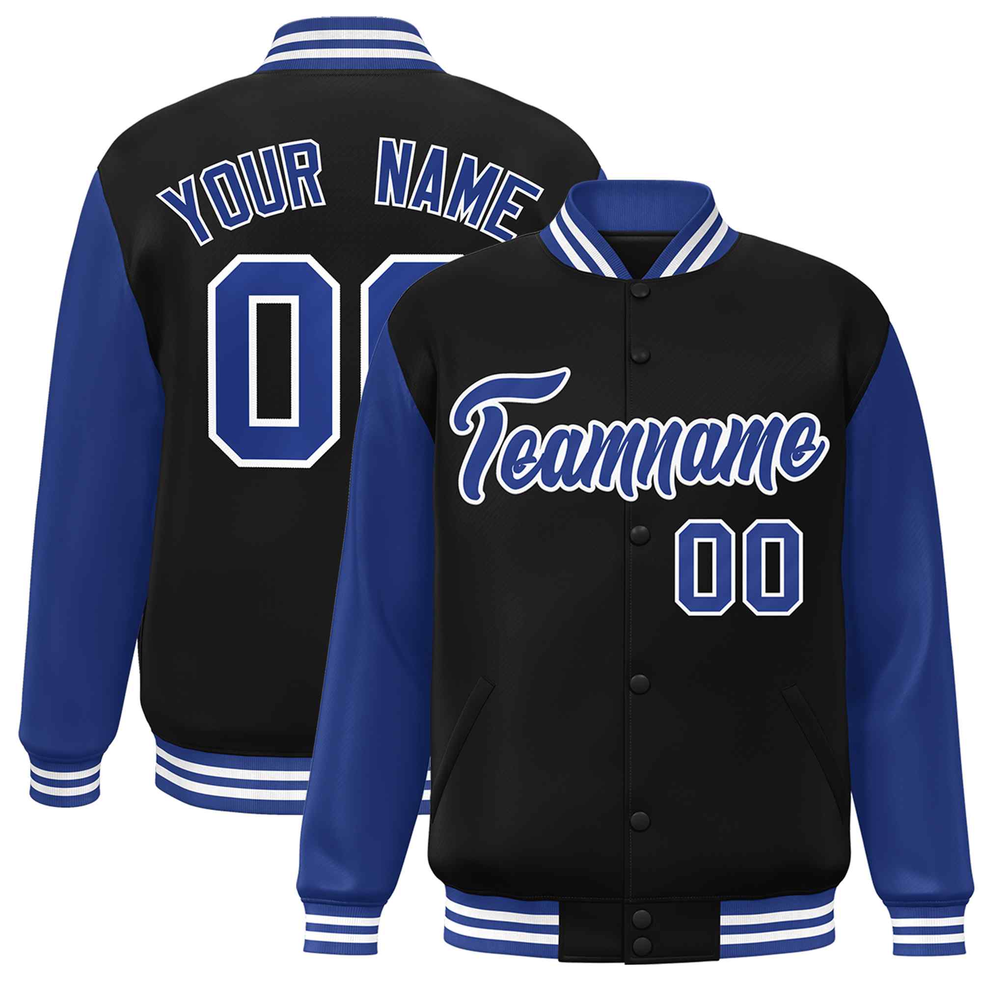 Custom Black Royal-White Raglan Sleeves Varsity Full-Snap Letterman Jacket