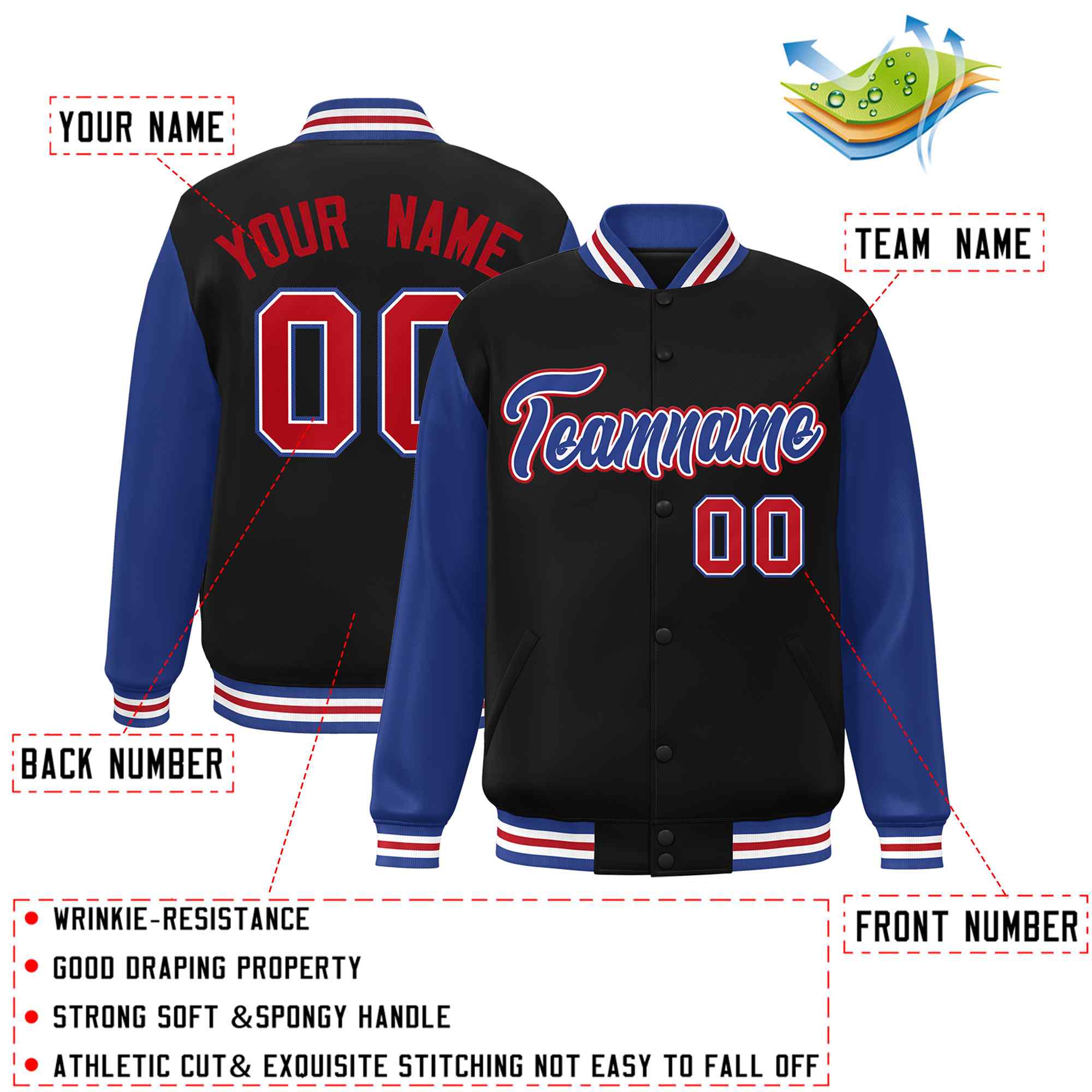 Custom Black Royal-White Raglan Sleeves Varsity Full-Snap Letterman Jacket