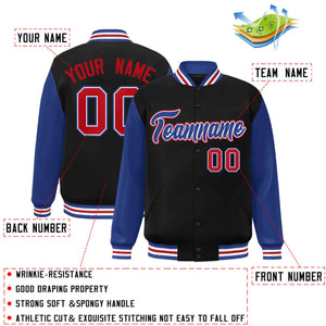 Custom Black Royal-White Raglan Sleeves Varsity Full-Snap Letterman Jacket