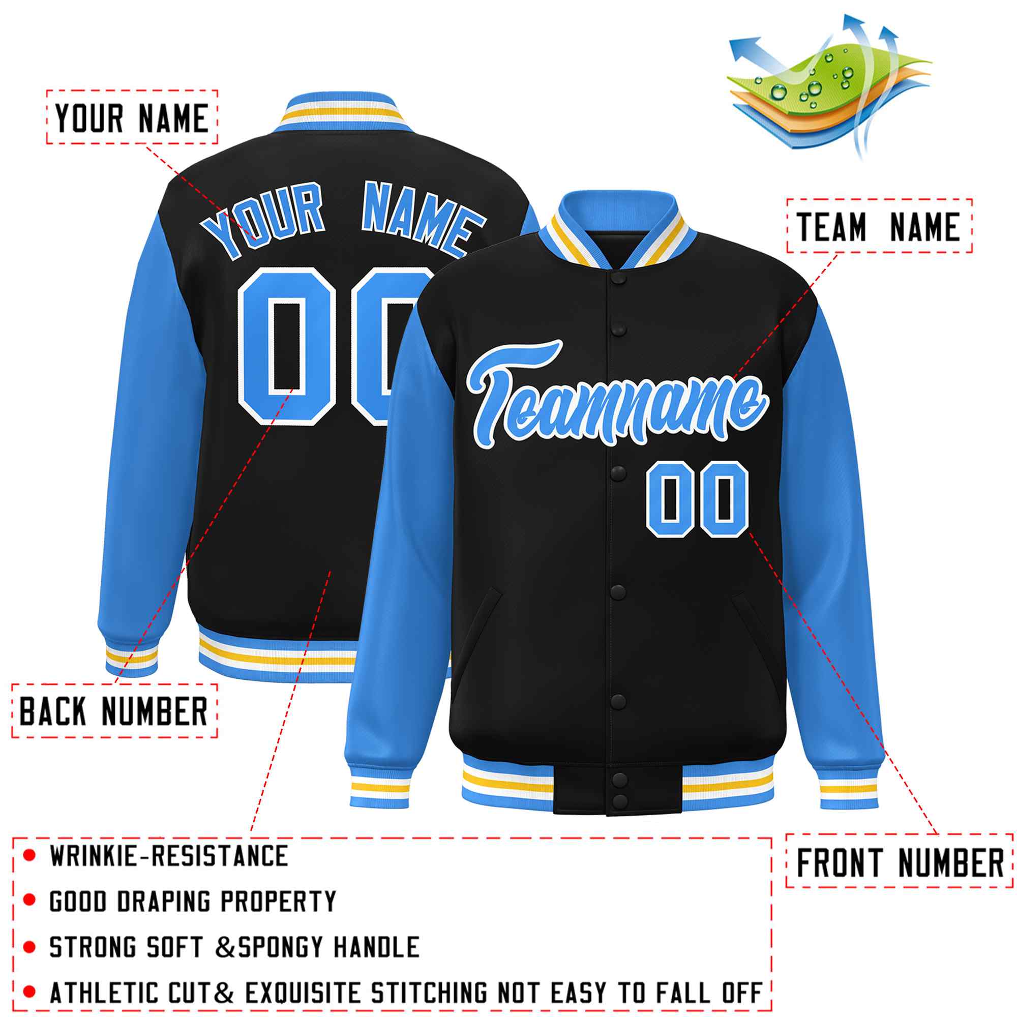 Custom Black Powder Blue-White Raglan Sleeves Varsity Full-Snap Letterman Jacket