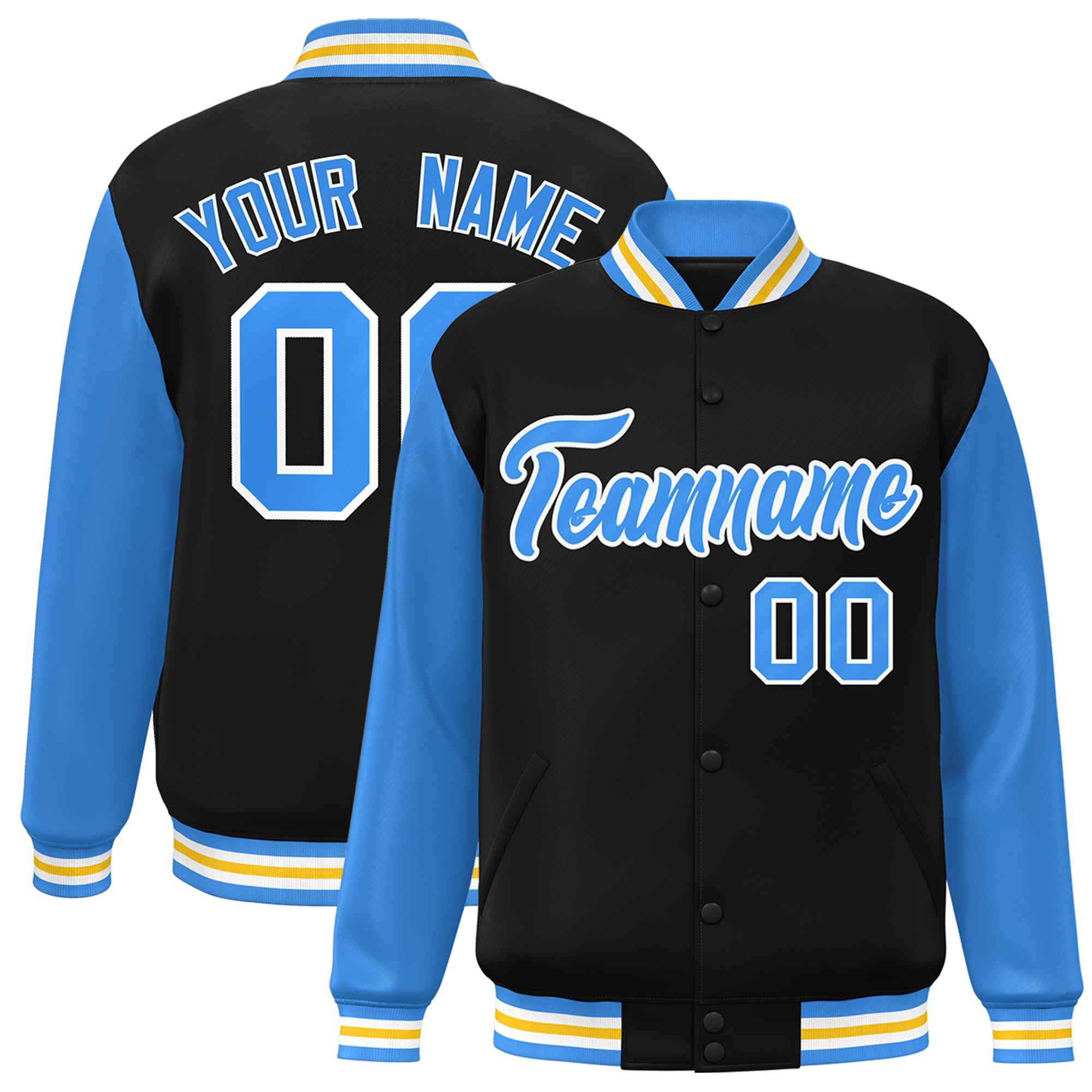 Custom Black Powder Blue-White Raglan Sleeves Varsity Full-Snap Letterman Jacket