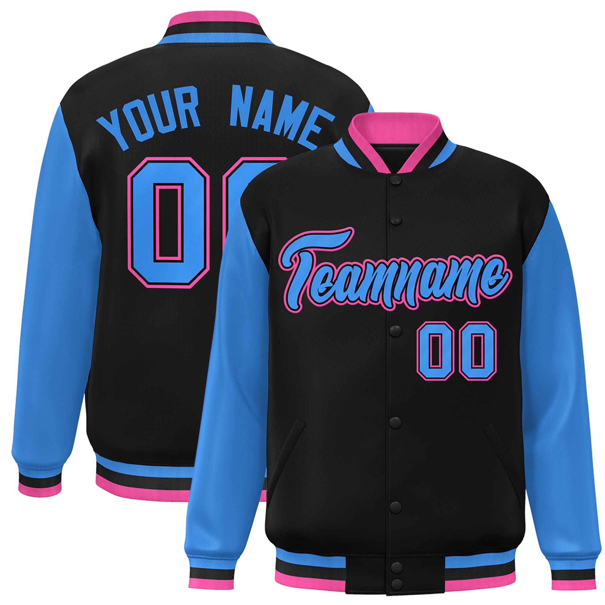 Custom Black Powder Blue-Black Raglan Sleeves Varsity Full-Snap Letterman Jacket