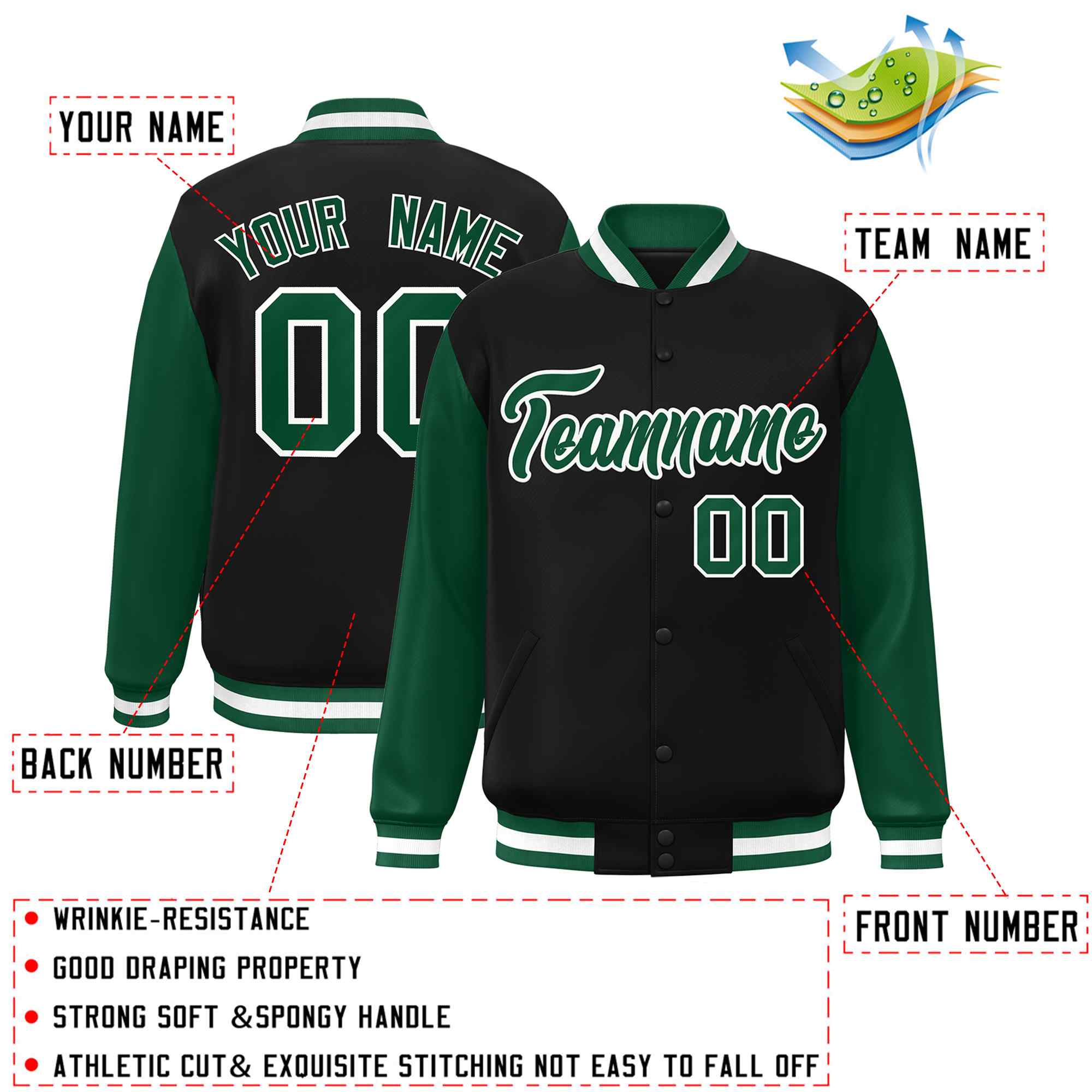 Custom Black Green-White Raglan Sleeves Varsity Full-Snap Letterman Jacket