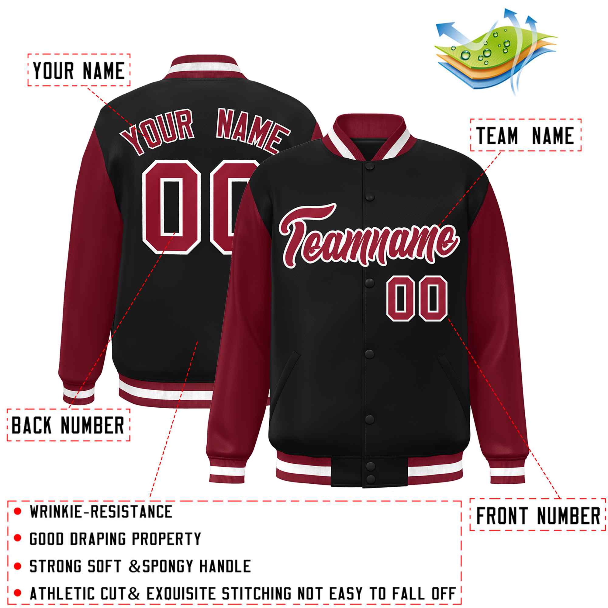 Veste Letterman Varsity à manches raglan noires et blanches personnalisées