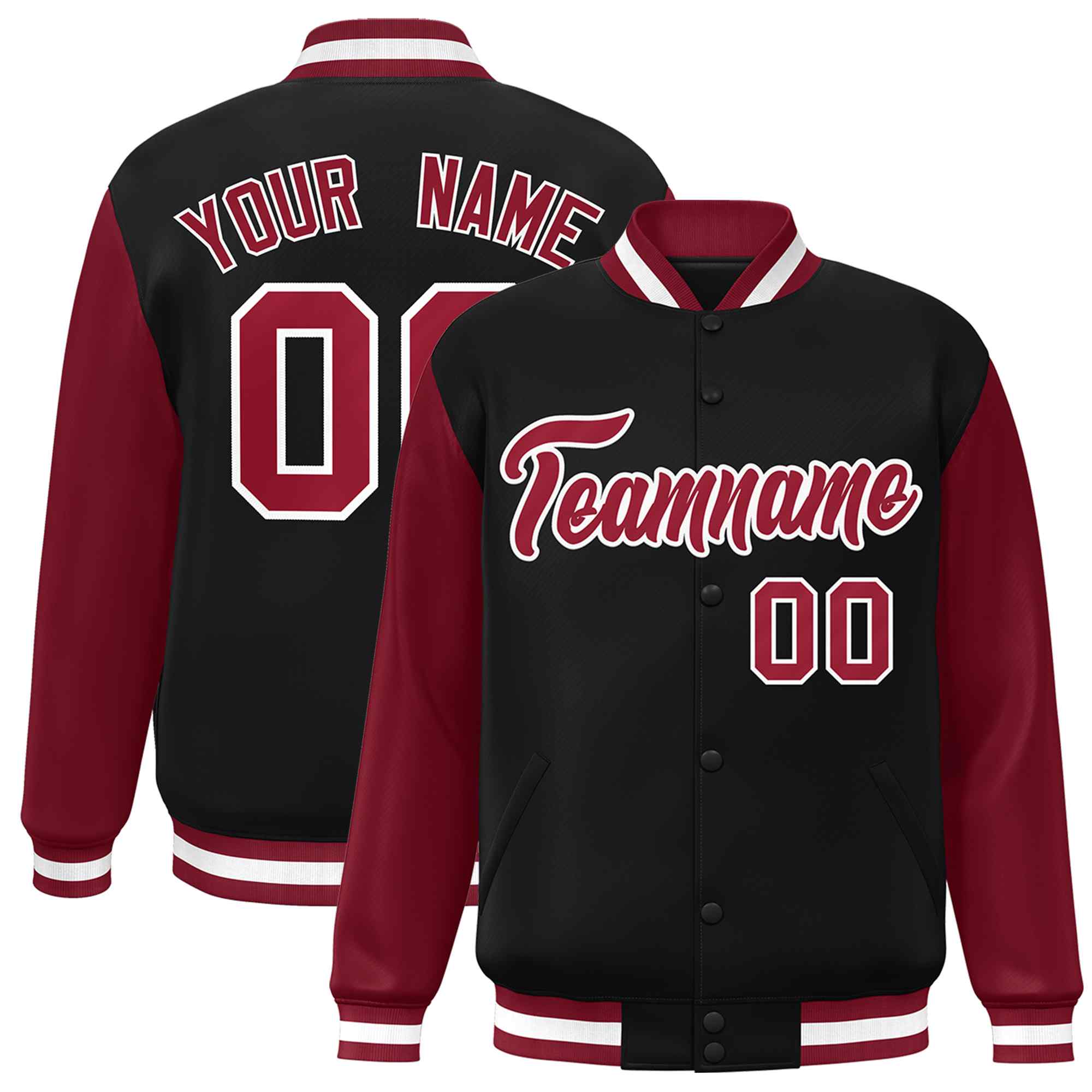 Custom Black Crimson-White Raglan Sleeves Varsity Full-Snap Letterman Jacket