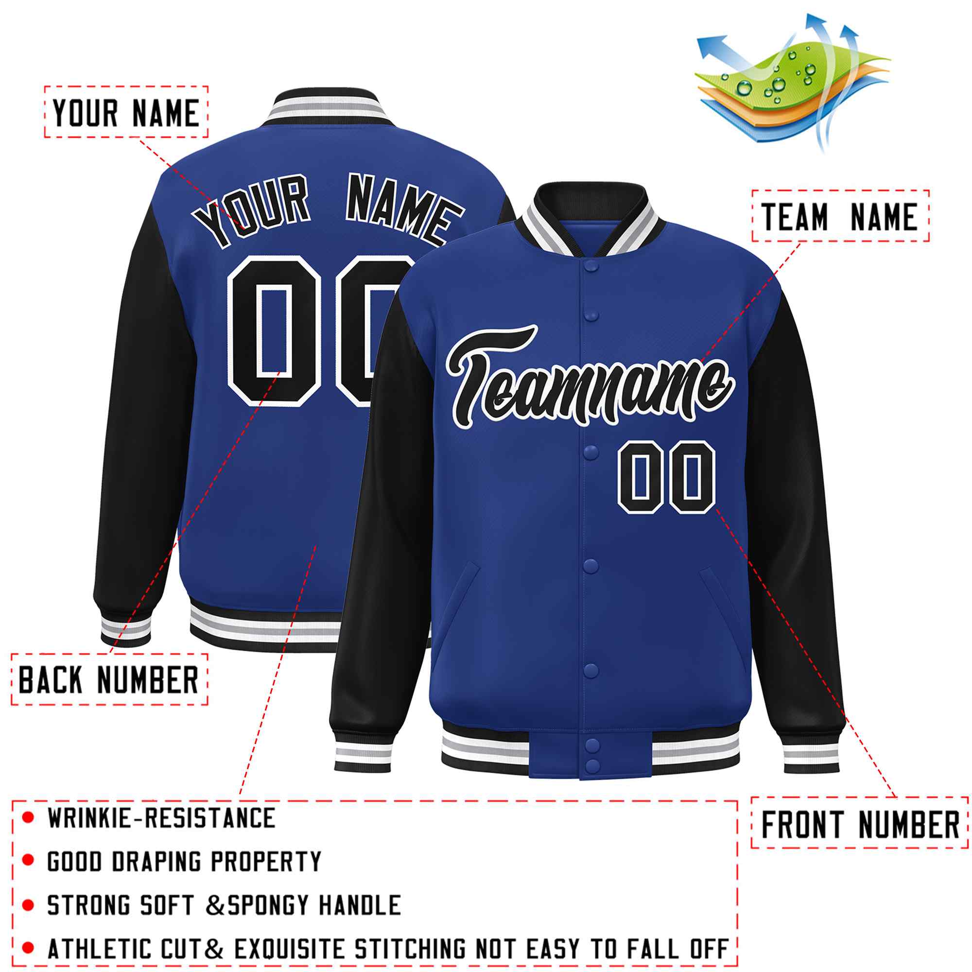 Custom Royal Black-White Raglan Sleeves Varsity Full-Snap Letterman Jacket