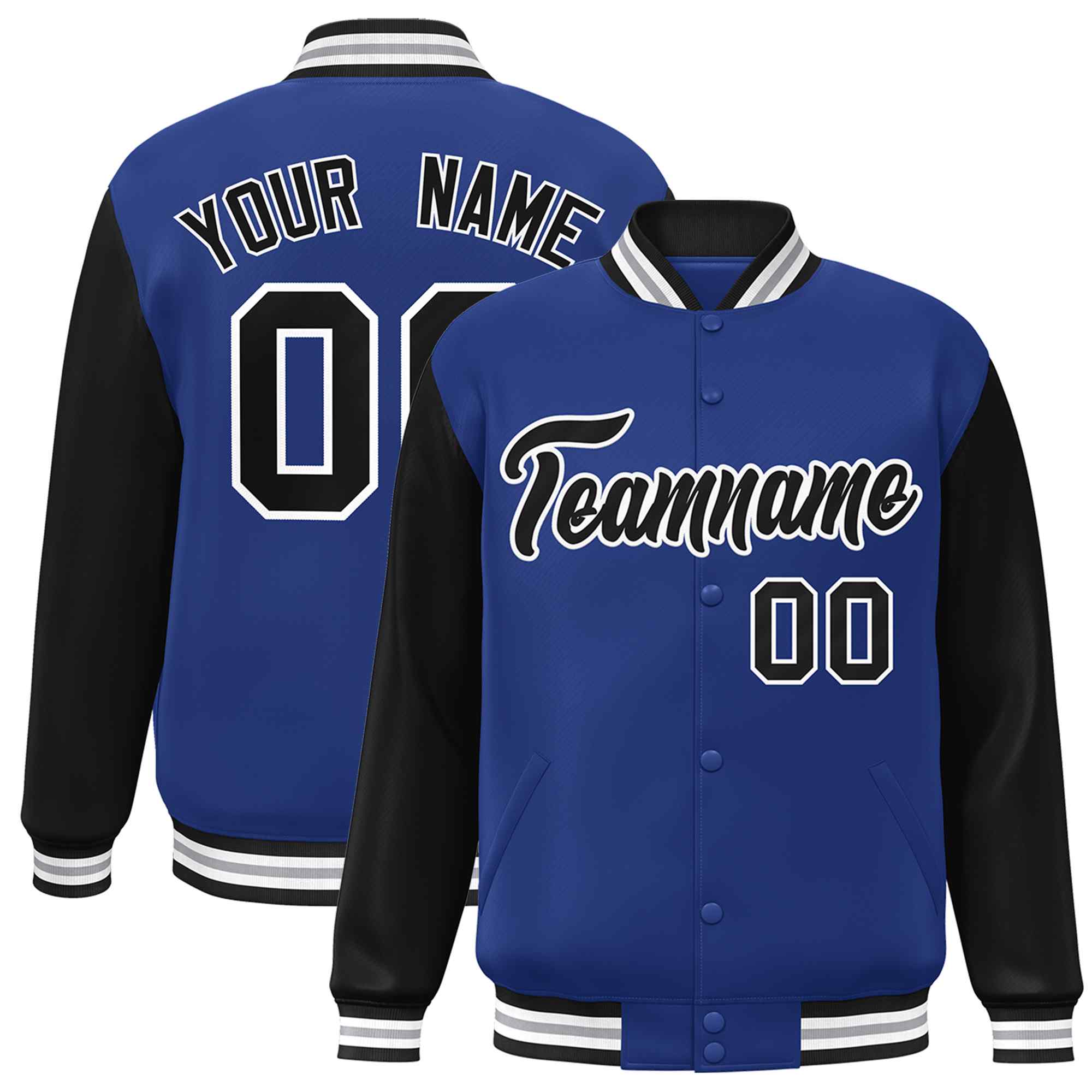 Custom Royal Black-White Raglan Sleeves Varsity Full-Snap Letterman Jacket