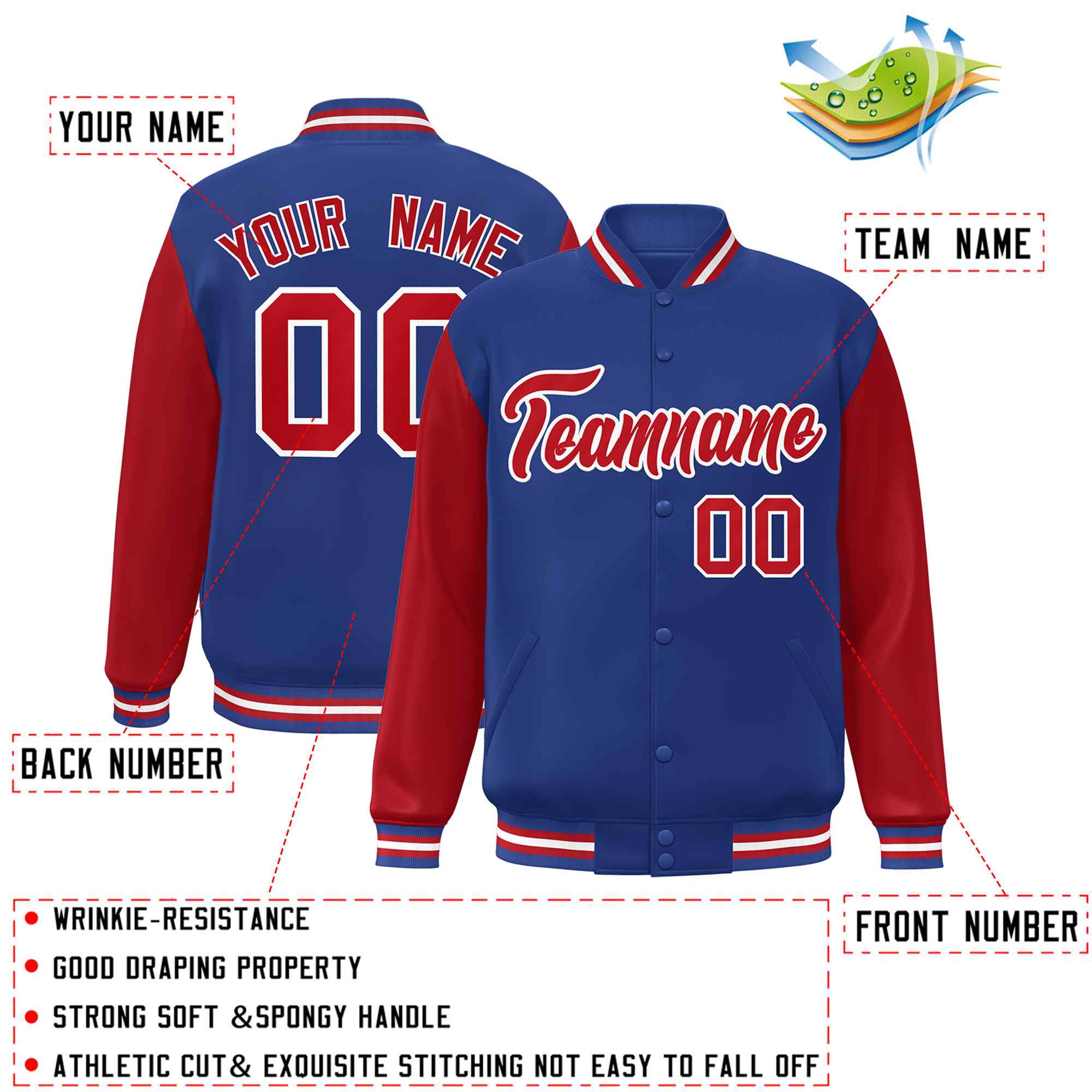 Veste Letterman Varsity Full-Snap à manches raglan personnalisées Royal Red-White