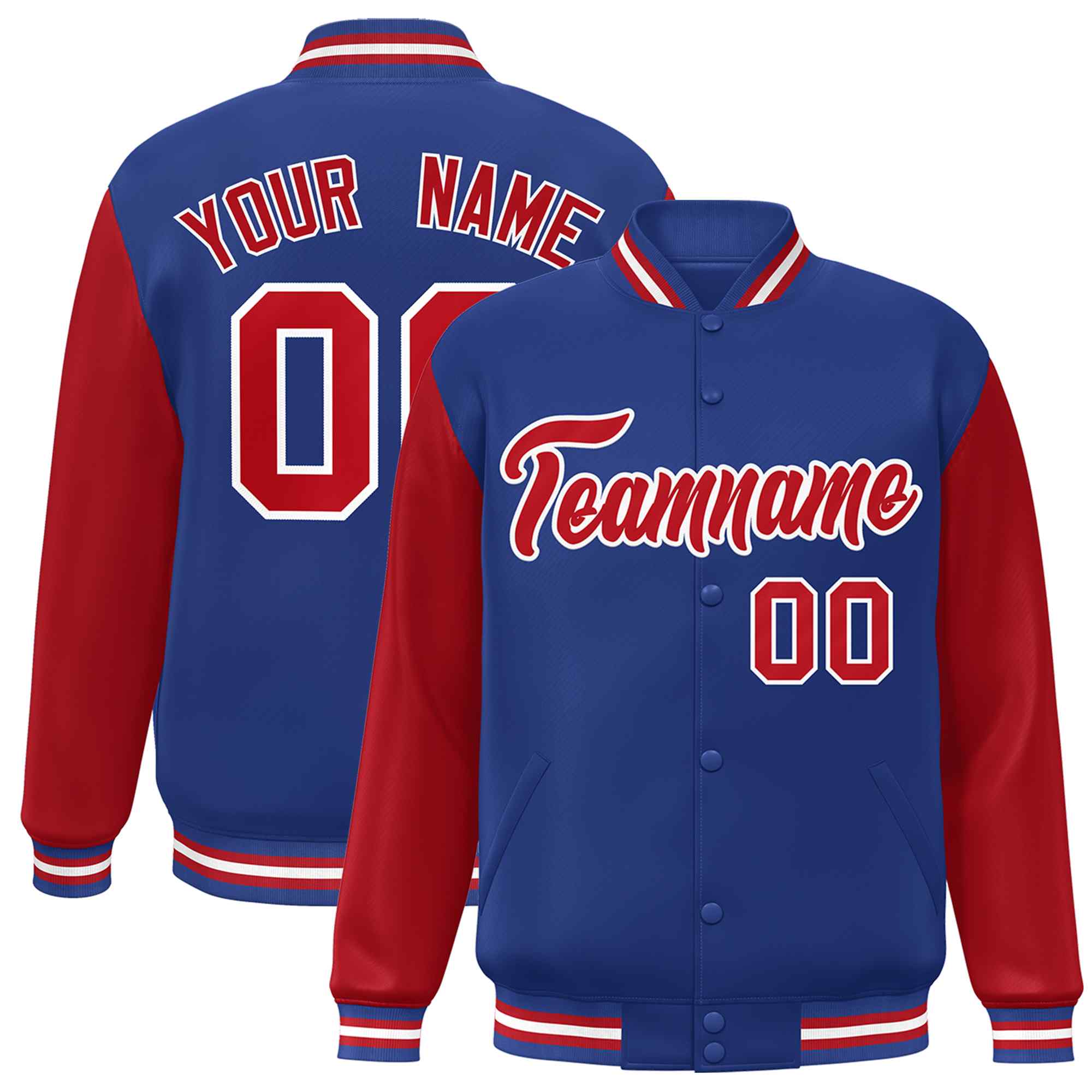 Veste Letterman Varsity Full-Snap à manches raglan personnalisées Royal Red-White