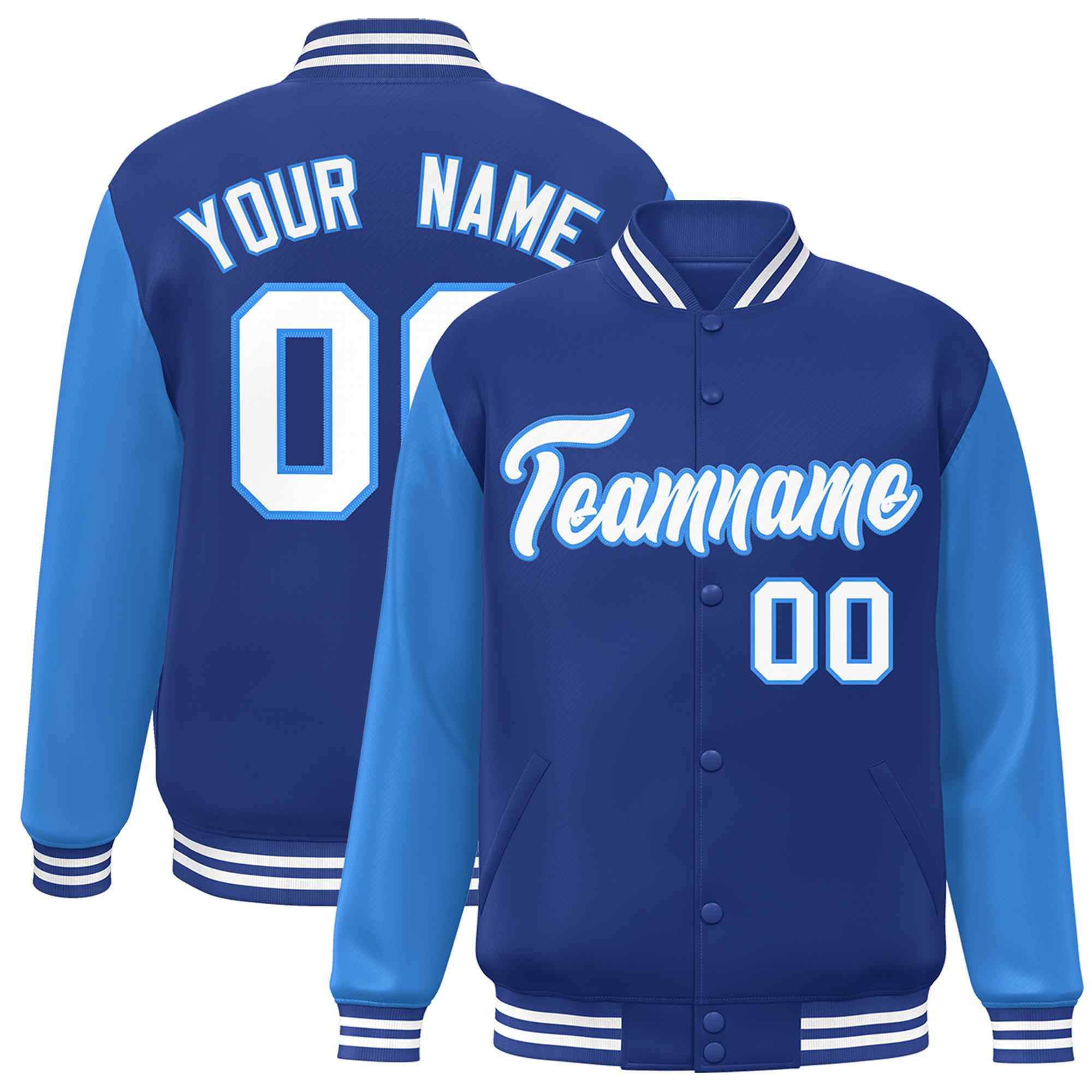 Custom Royal White-Powder Blue Raglan Sleeves Varsity Full-Snap Letterman Jacket