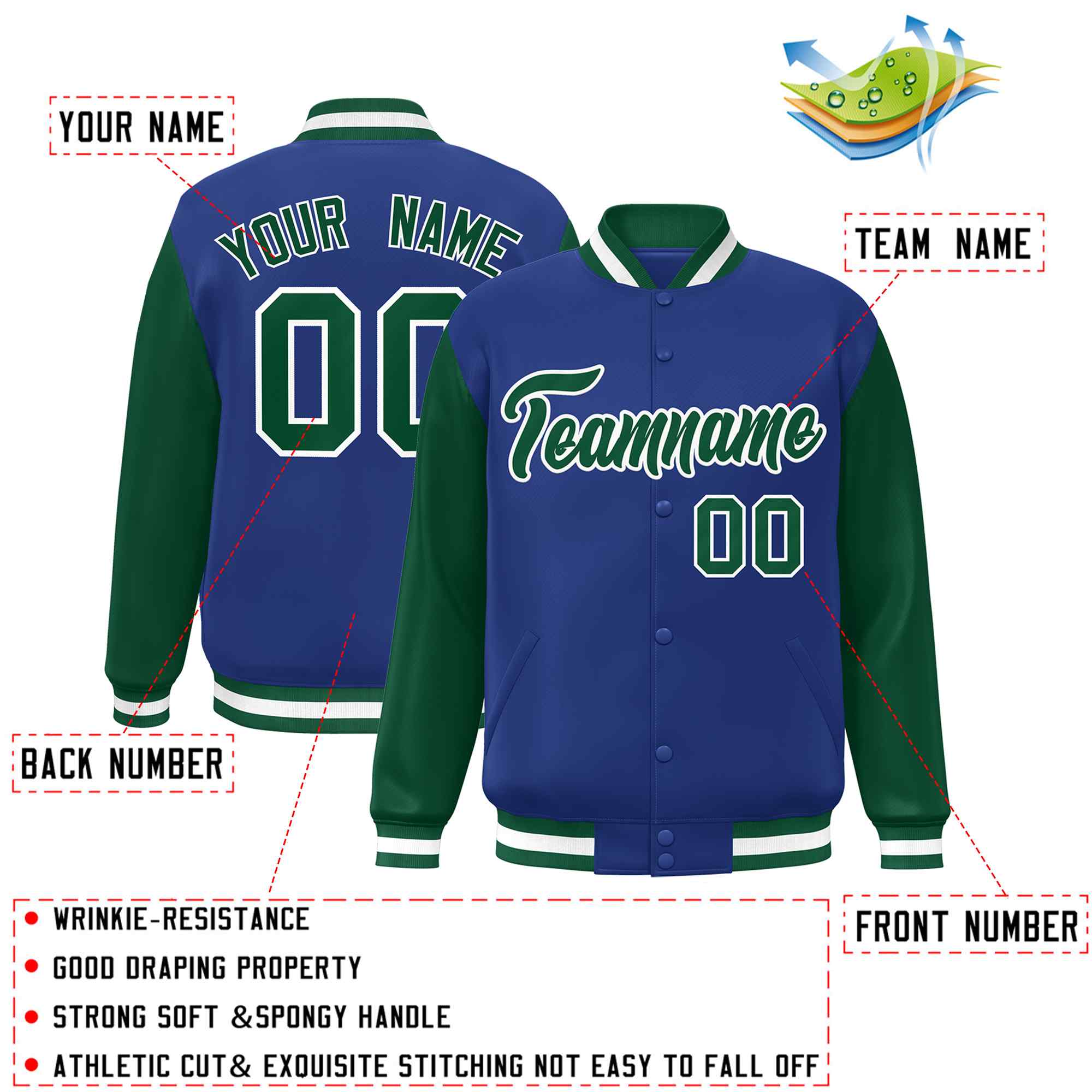 Custom Royal Green-White Raglan Sleeves Varsity Full-Snap Letterman Jacket