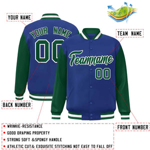 Veste Letterman Varsity Full-Snap à manches raglan personnalisées Royal Green-White