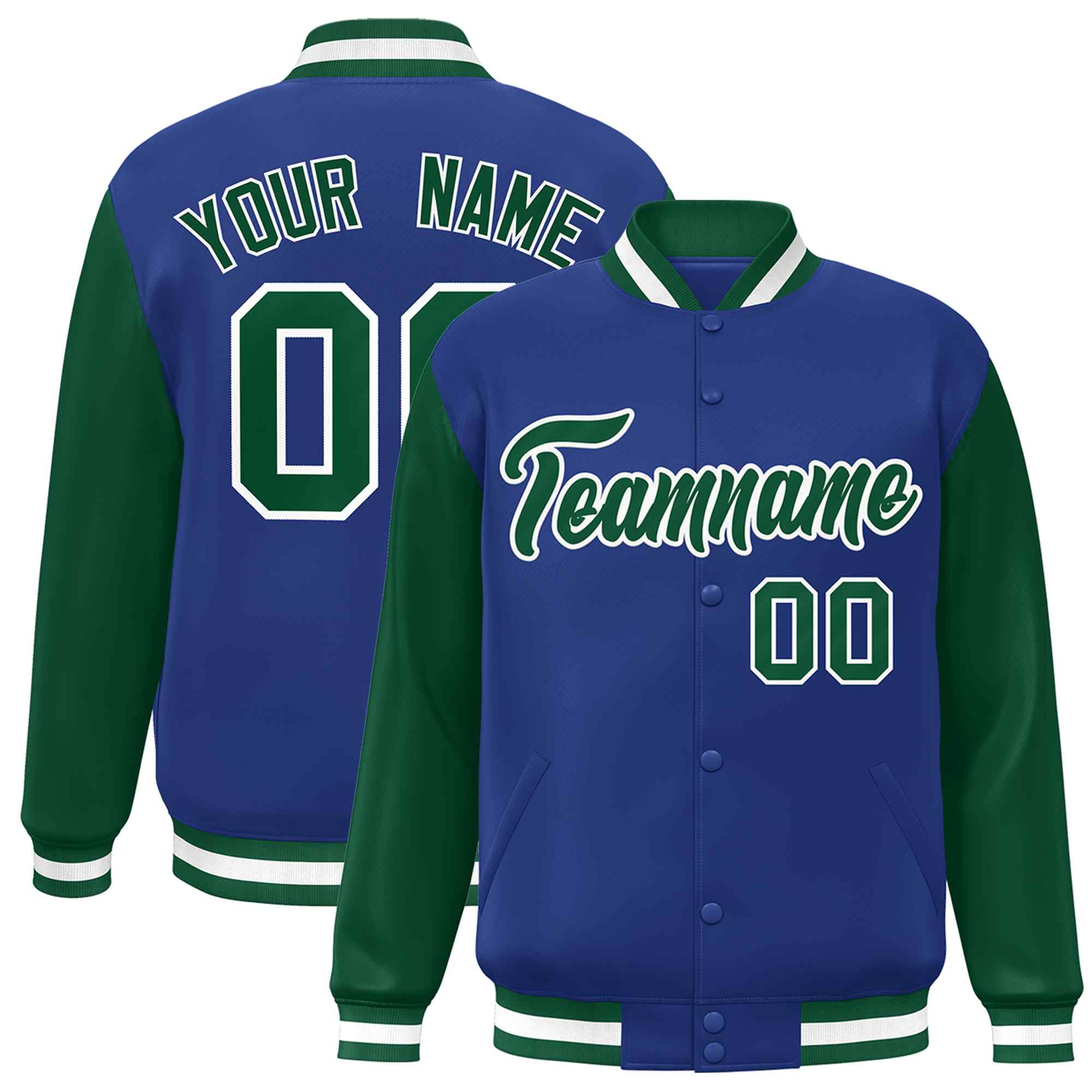 Custom Royal Green-White Raglan Sleeves Varsity Full-Snap Letterman Jacket