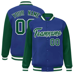 Veste Letterman Varsity Full-Snap à manches raglan personnalisées Royal Green-White