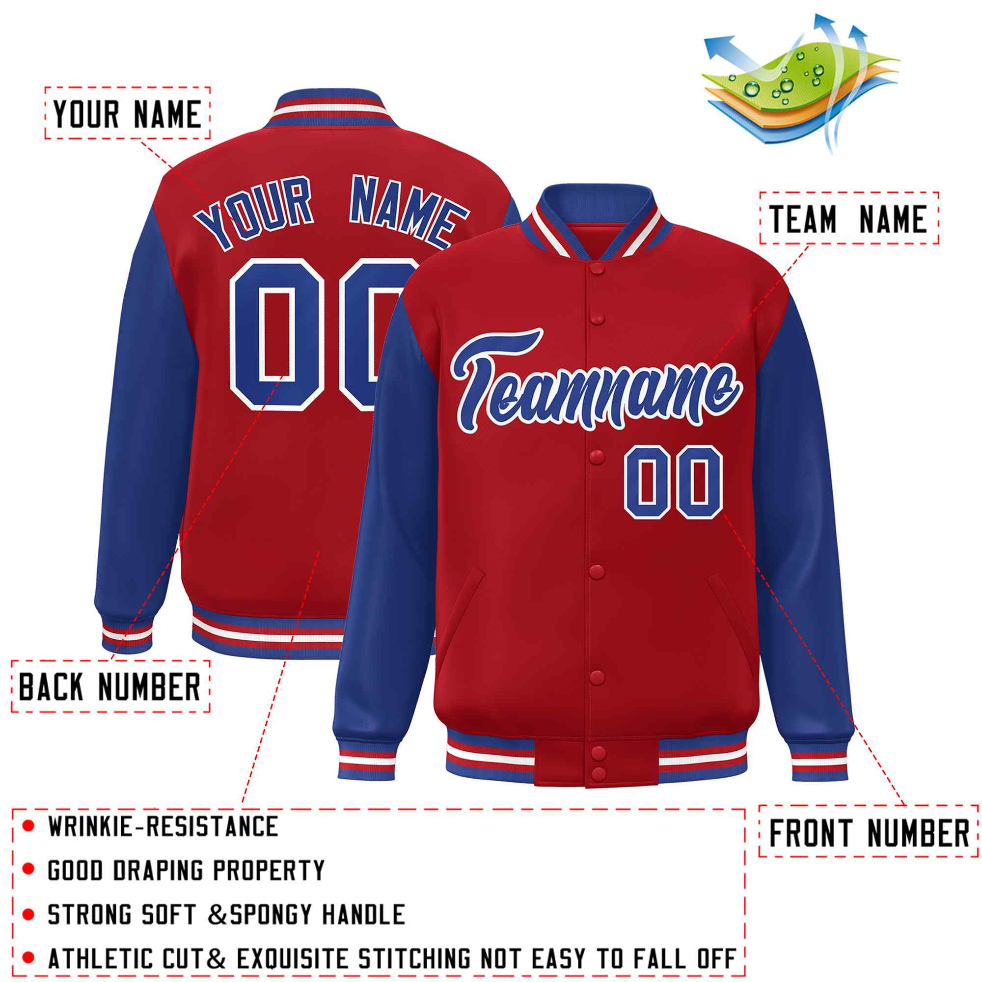 Custom Red Royal-White Raglan Sleeves Varsity Full-Snap Letterman Jacket