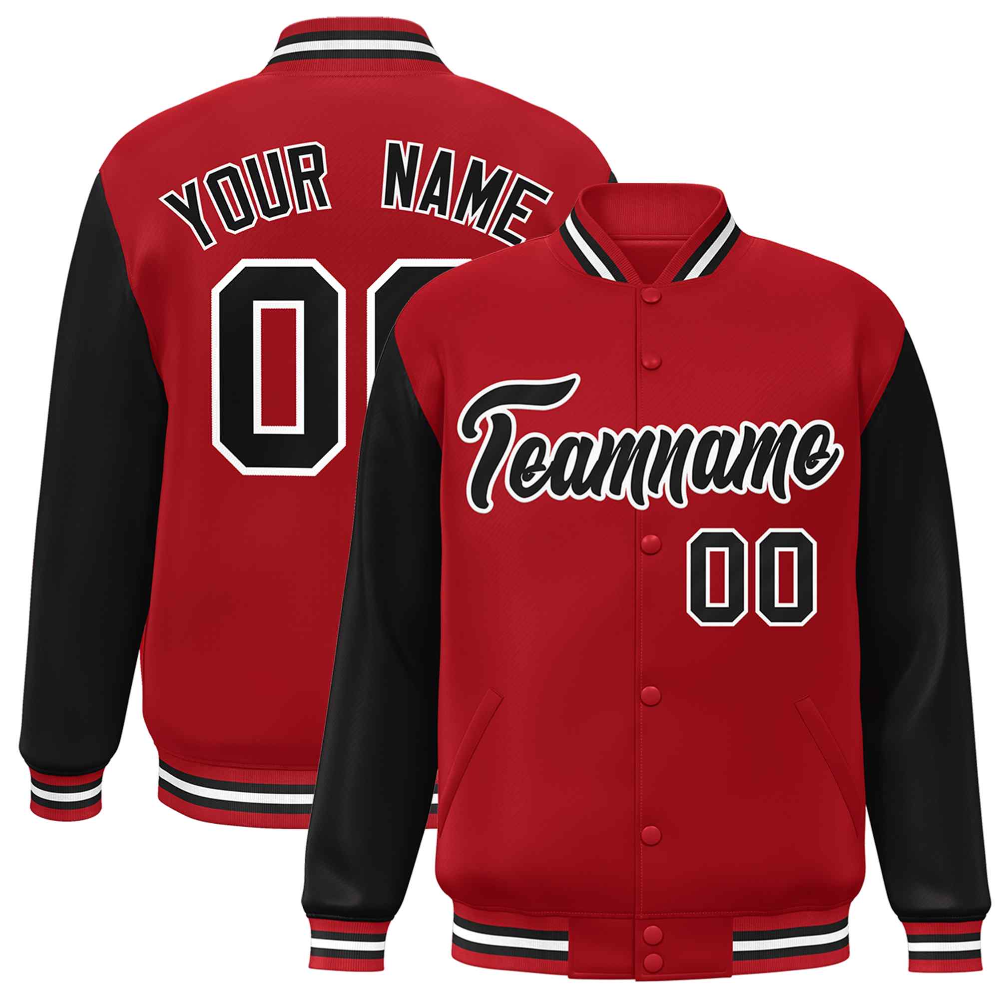 Custom Red Black-White Raglan Sleeves Varsity Full-Snap Letterman Jacket