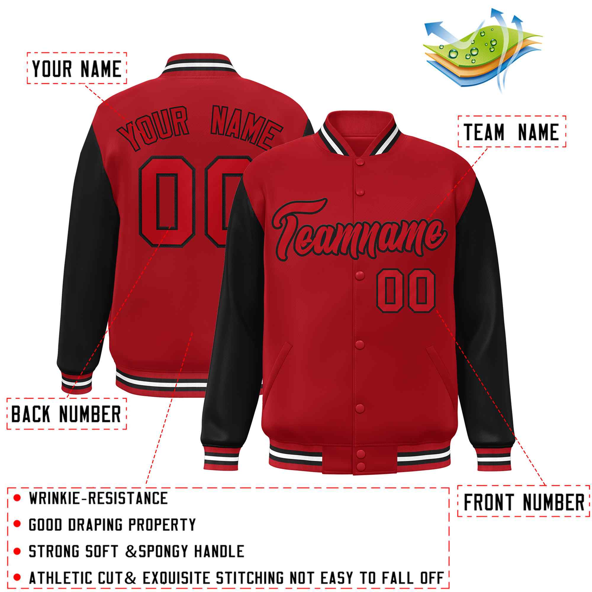 Custom Red Red-Black Raglan Sleeves Varsity Full-Snap Letterman Jacket