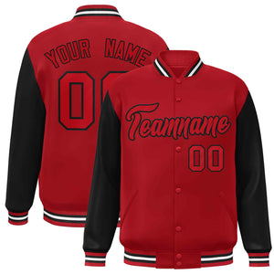 Veste Letterman Varsity Full-Snap à manches raglan rouge-noir personnalisée