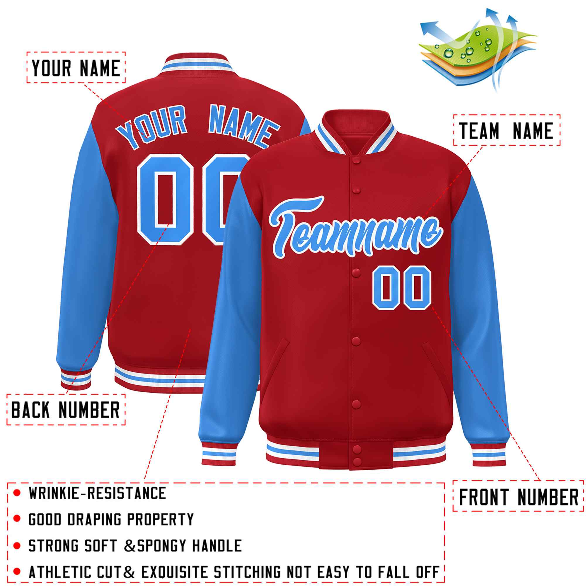 Veste Letterman Varsity Full-Snap à manches raglan bleu-blanc poudre rouge personnalisée