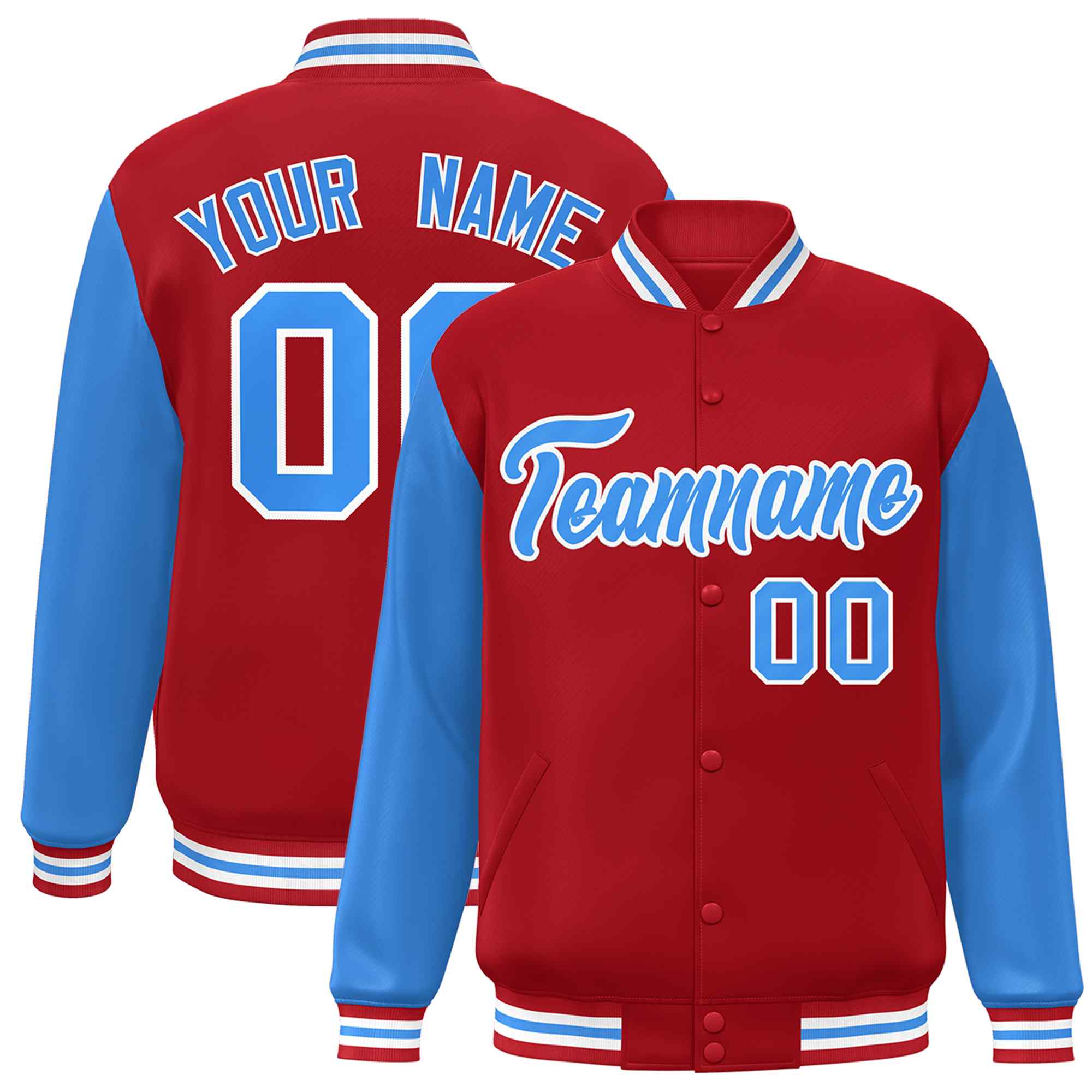 Veste Letterman Varsity Full-Snap à manches raglan bleu-blanc poudre rouge personnalisée