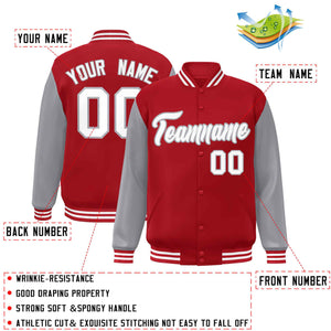 Veste Letterman Varsity Full-Snap à manches raglan rouge blanc-gris personnalisée