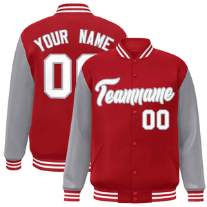 Veste Letterman Varsity Full-Snap à manches raglan rouge blanc-gris personnalisée