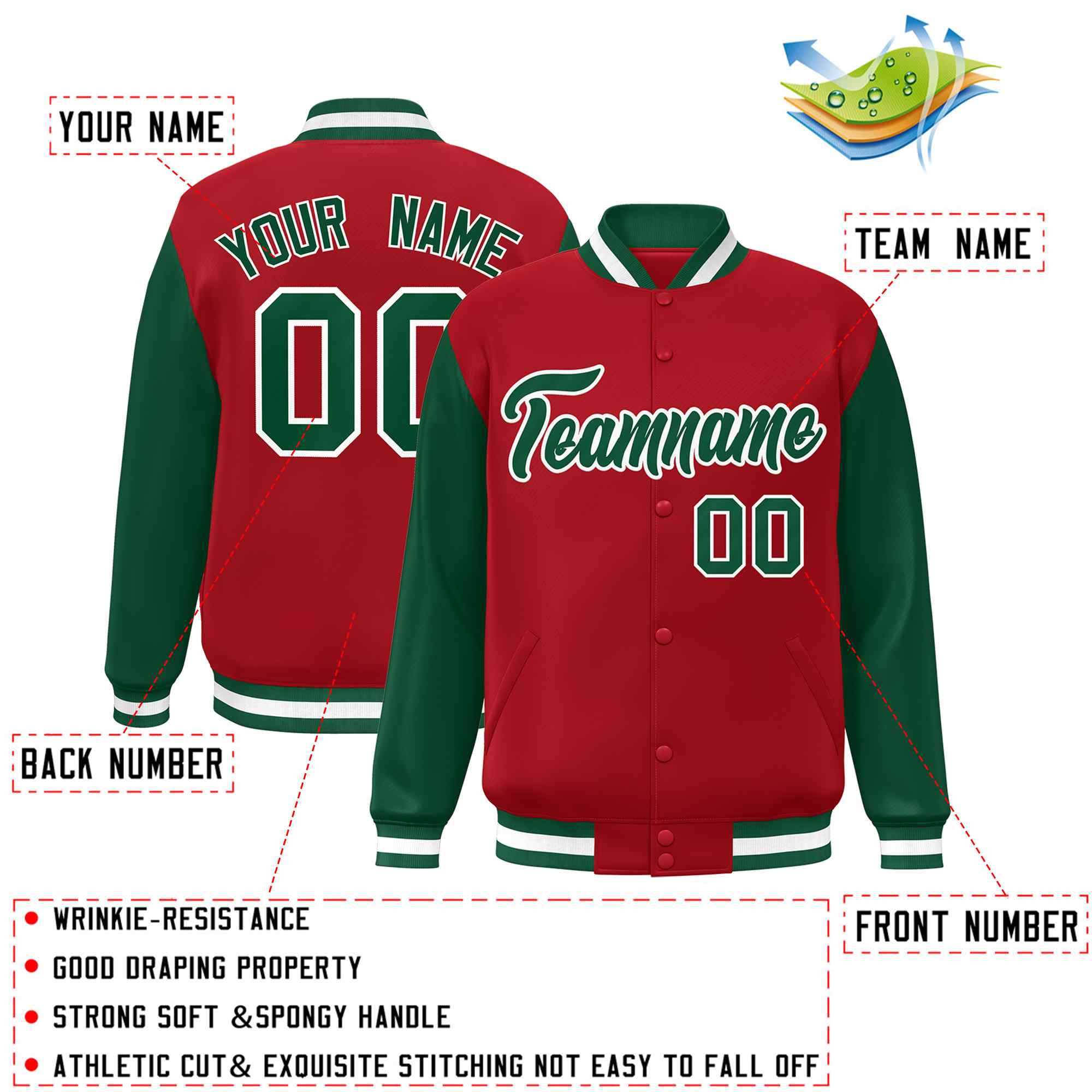 Veste Letterman Varsity Full-Snap à manches raglan personnalisées rouge vert-blanc