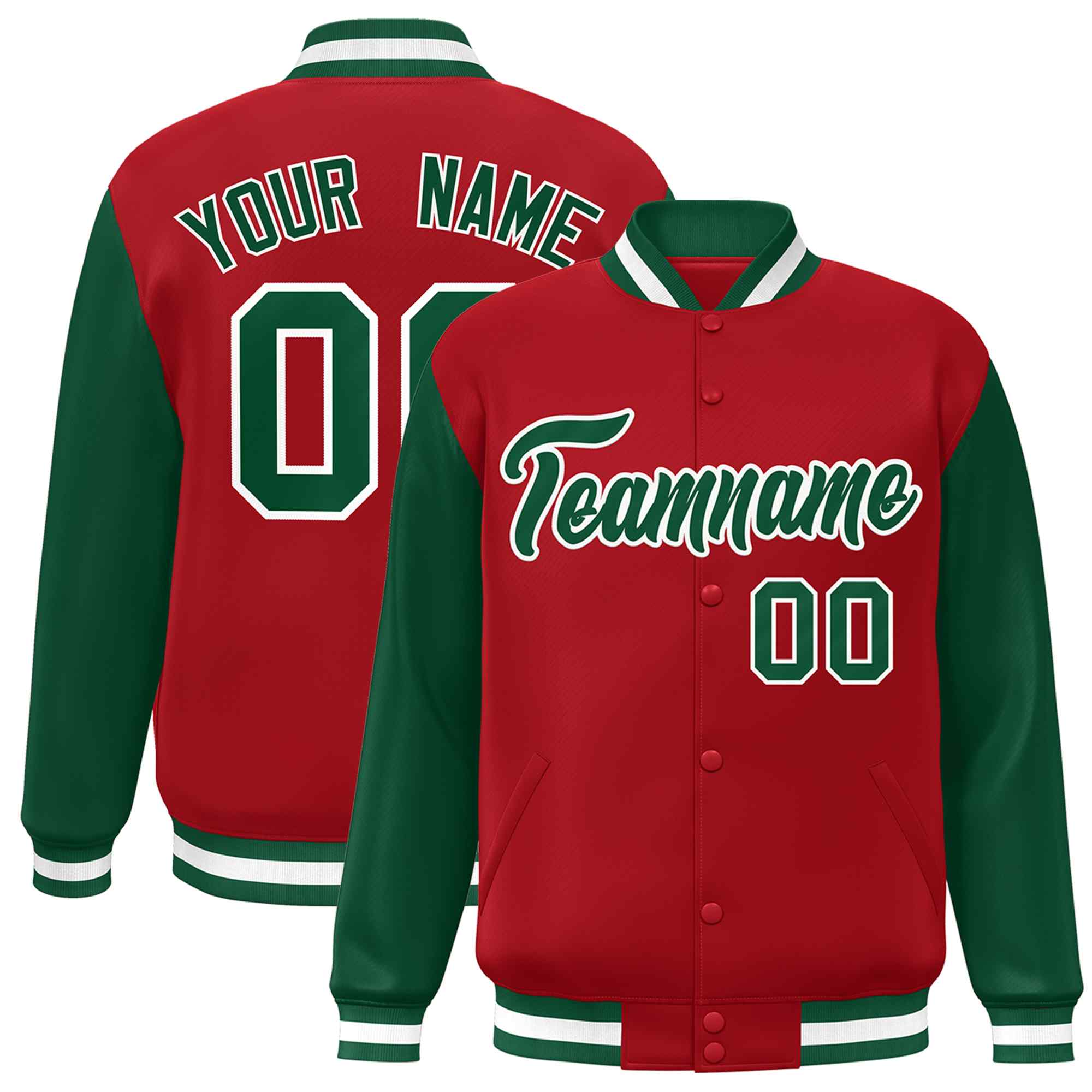 Custom Red Green-White Raglan Sleeves Varsity Full-Snap Letterman Jacket