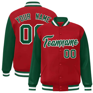 Veste Letterman Varsity Full-Snap à manches raglan personnalisées rouge vert-blanc