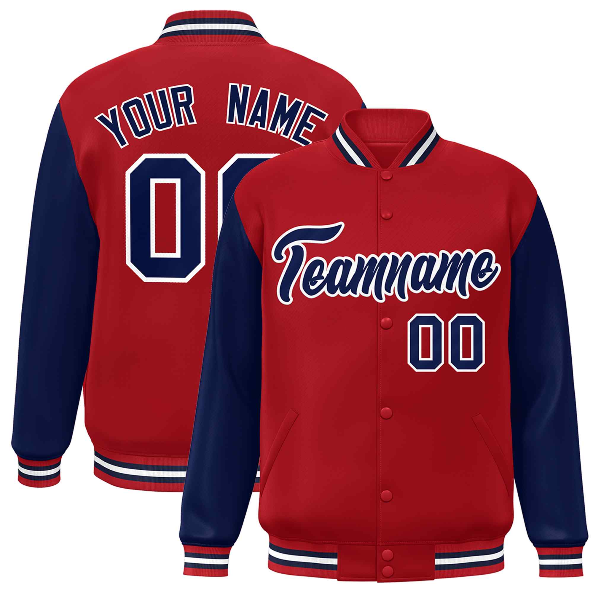 Custom Red Navy-White Raglan Sleeves Varsity Full-Snap Letterman Jacket